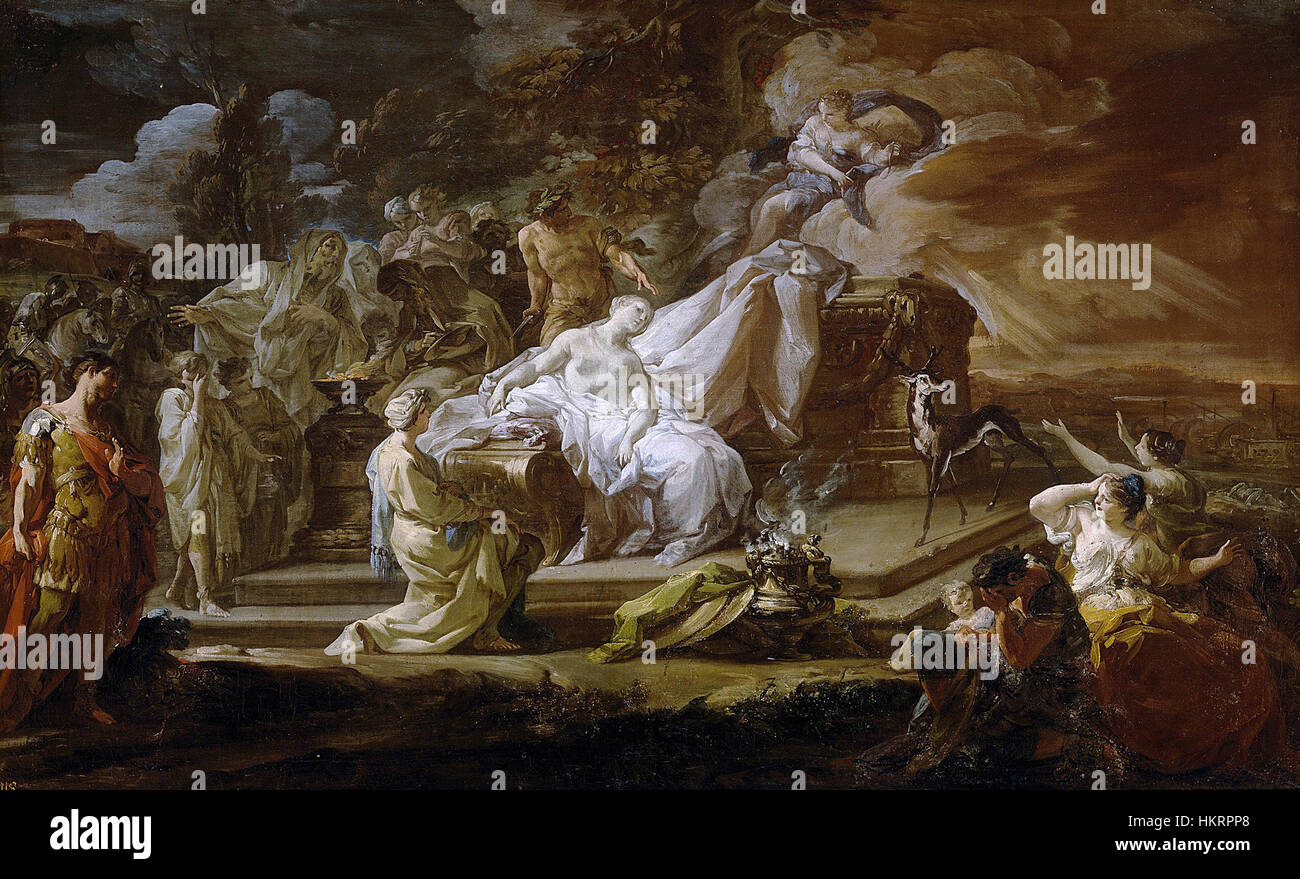 *Das Opfer der Iphigenie* von *Corrado Giaquinto* (1760) zeigt die mythologische Szene aus der griechischen Tragödie, wo Iphigenie auf Opfer vorbereitet ist. Der dramatische Einsatz von Licht und Farbe spiegelt die emotionale Intensität dieses Moments im barocken Stil wider. Stockfoto