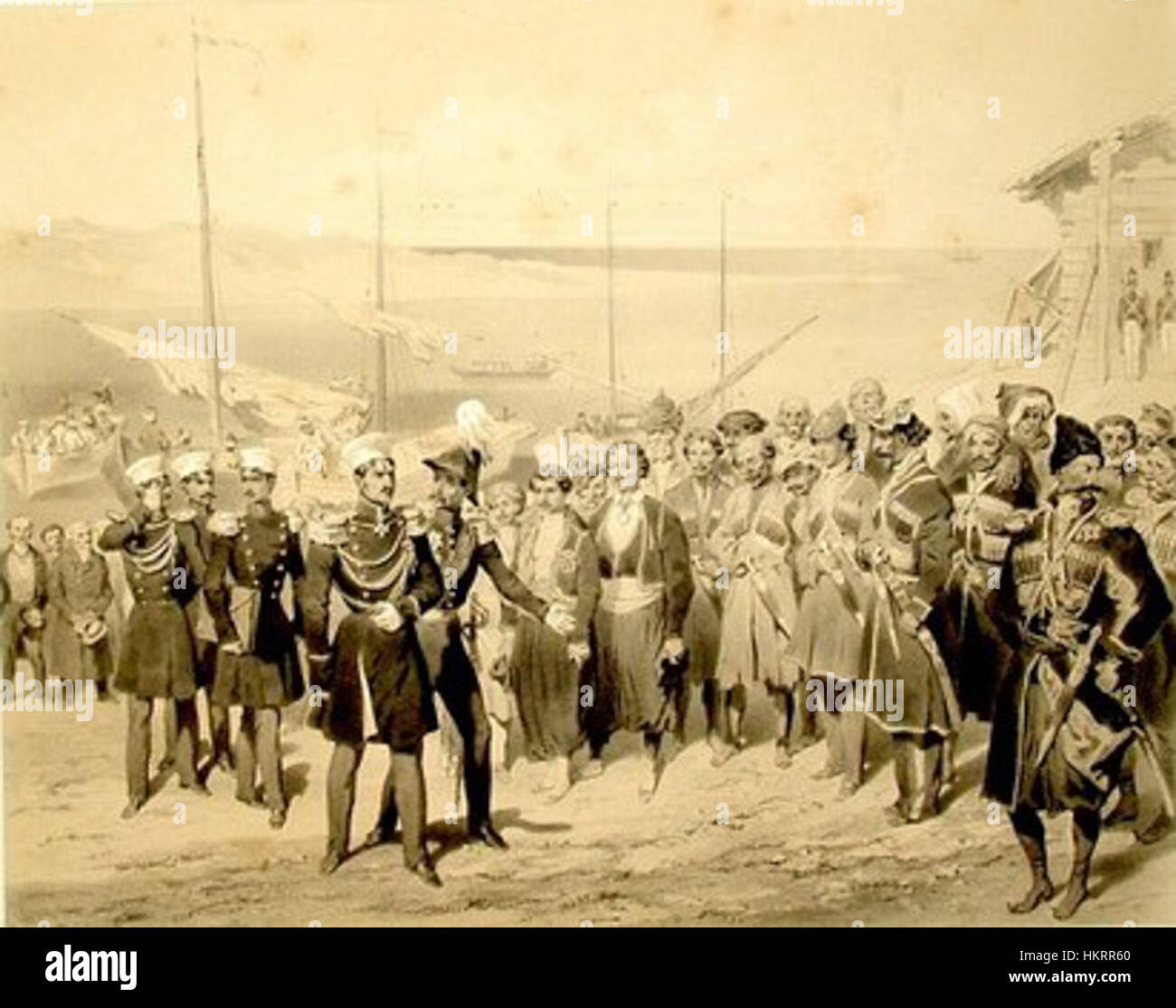 Dieses Gemälde von Prinz Grigori Gagarin zeigt die Schwarzmeerküste und die Landung eines Häuptlings in Redout-Kale und zeigt die malerische Landschaft und die historischen Ereignisse der Kaukasus-Region im Jahr 1847. Stockfoto