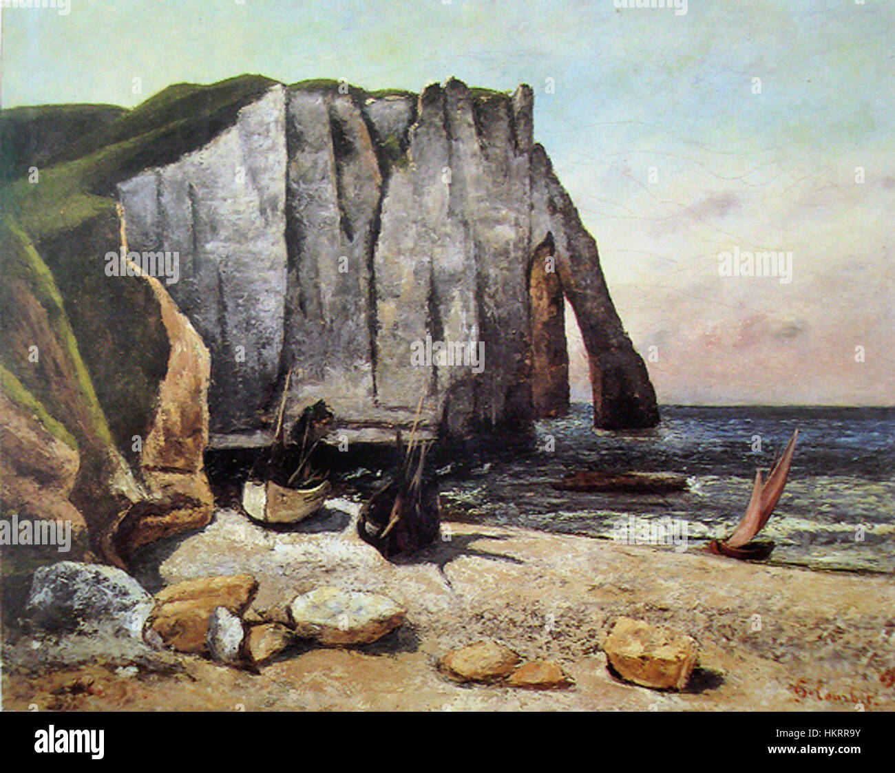Courbets Gemälde „Castromaya“ fängt die raue Schönheit und Landschaft der Natur ein und betont die Vorliebe des Künstlers für realistische Darstellungen der Welt. Das Werk spiegelt seine Beherrschung der Textur und der natürlichen Welt wider und bietet eine lebensechte Darstellung der Landschaft. Stockfoto