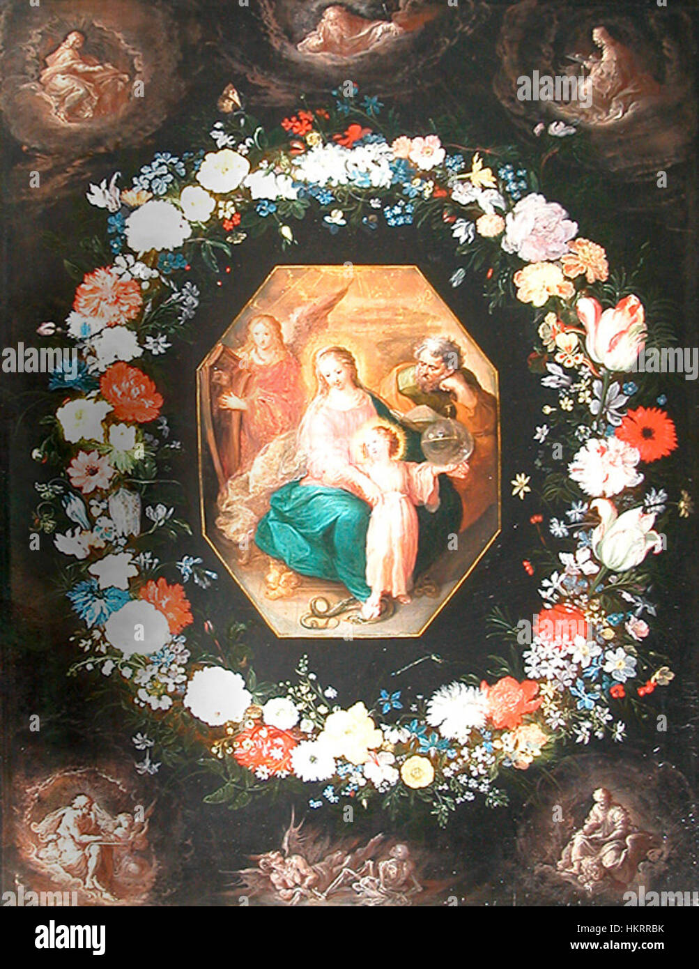 „Couronne de Fleurs“ von Flandres fängt eine lebendige florale Komposition ein. Dieses Ölgemälde zeigt ein reichhaltiges Arrangement von Blumen, die Schönheit und Natur symbolisieren, mit komplizierten Details, die das Geschick des Künstlers in der botanischen Darstellung widerspiegeln. Stockfoto