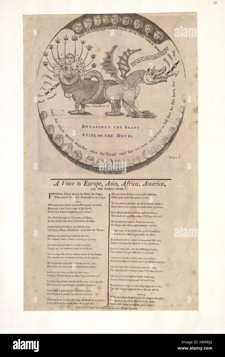 Dieses Stück, das in den Bodleian Libraries untergebracht ist, zeigt Bonaparte das Biest, eine Karikatur, die Napoleon Bonaparte als teuflische Figur darstellt. Es enthält Verse, die seine Herrschaft kritisieren und das politische Klima der Zeit mit scharfer Satire widerspiegeln. Stockfoto