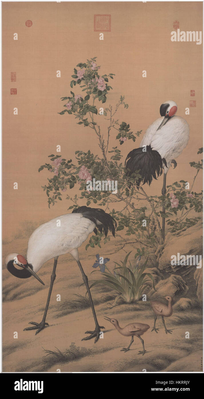 Dieses Kunstwerk zeigt eine ruhige Szene von Kranichen in einer ruhigen Umgebung mit leuchtenden Blumen, die ihre Schatten werfen. Das empfindliche Gleichgewicht der Natur und die komplizierten Details der Vögel schaffen ein friedliches und harmonisches visuelles Erlebnis. Stockfoto