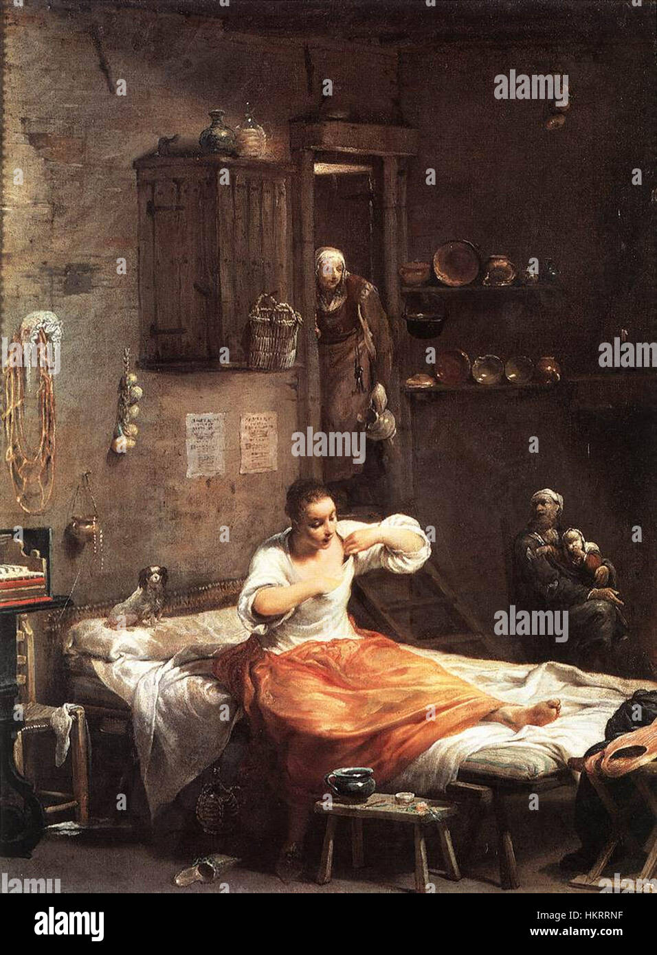 Giuseppe Maria Crespis „Suche nach Flöhen“, gemalt in den 1720er Jahren, zeigt humorvoll einen Mann, der eine scheinbar triviale Aktivität ausübt. Crespis Aufmerksamkeit für Alltagsthemen unterstreicht das barocke Interesse an menschlichen Geschmeiden und den detaillierten Realismus. Stockfoto