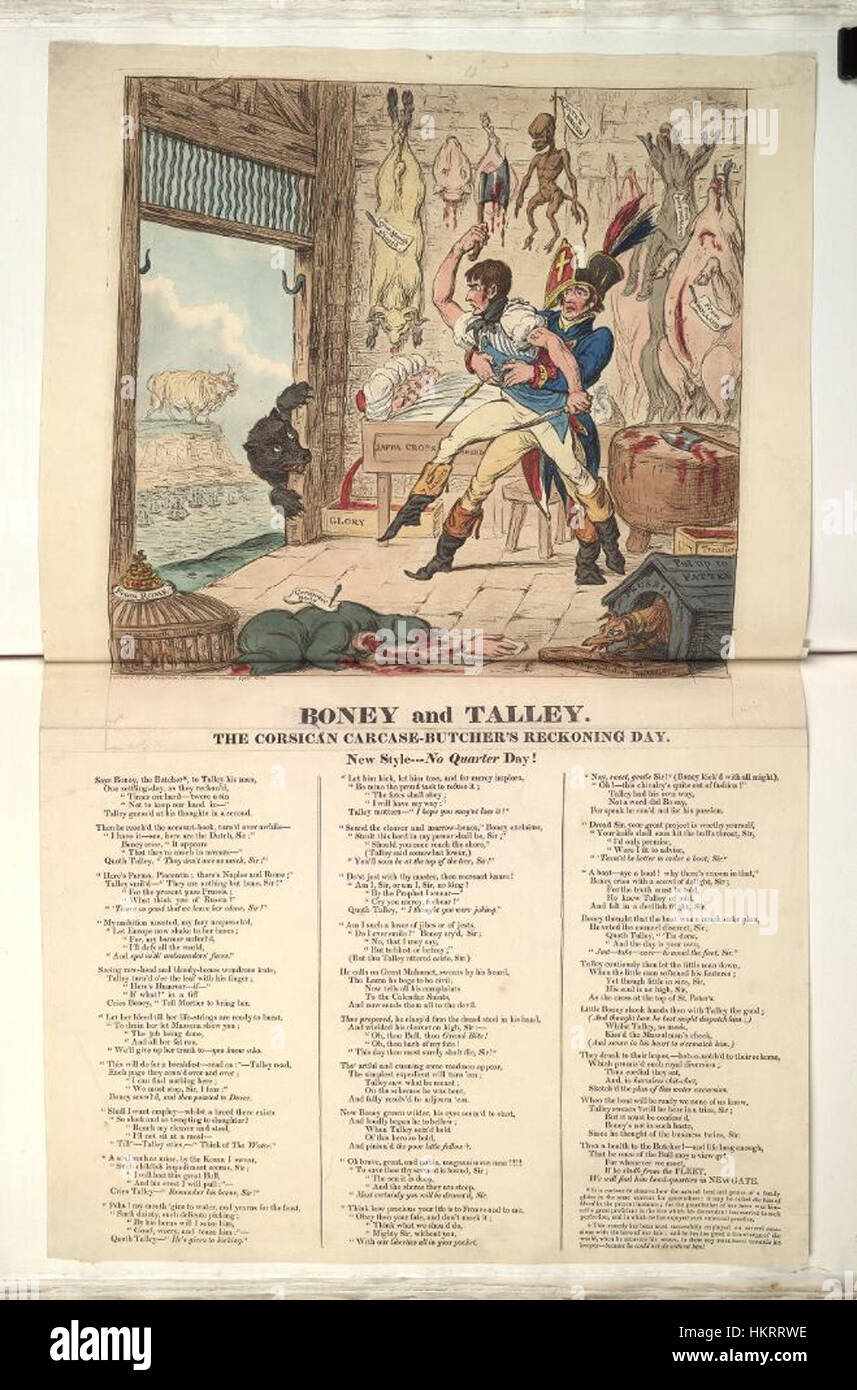 Dieses Gemälde mit dem Titel „der korsische Karkasebutcher's Reckoning Day“ bietet eine dramatische Darstellung von Napoleon Bonaparte und seinen Zeitgenossen und symbolisiert seine komplexe historische Figur und seinen militärischen Einfluss. Stockfoto