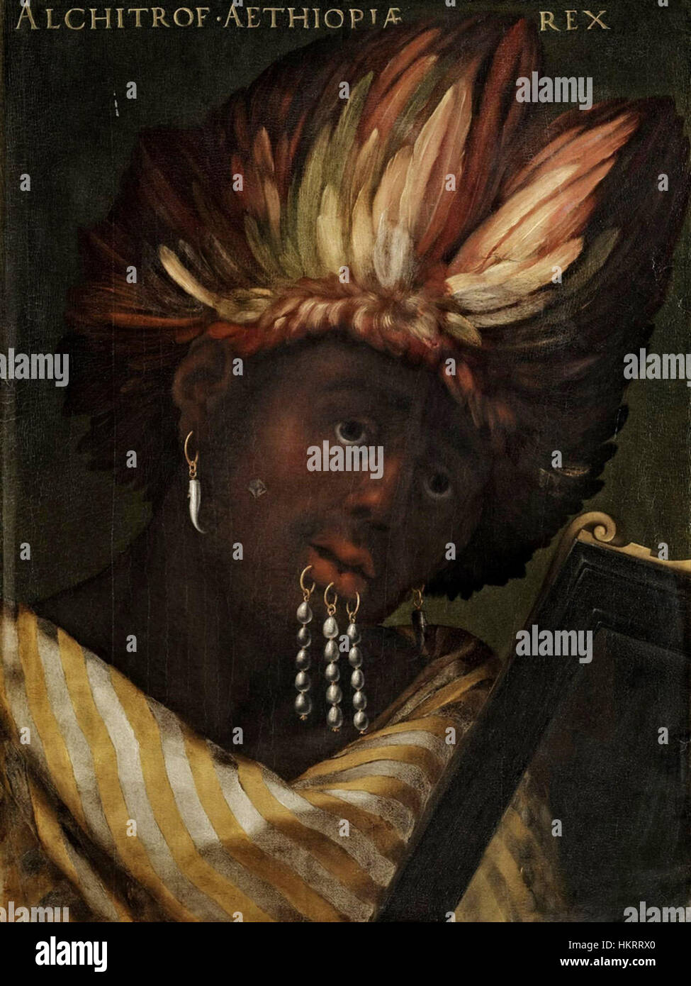 Dieses Porträt von Cristofano dell' Altissimo zeigt Alchitrof, den Kaiser von Äthiopien. Das Kunstwerk zeigt die detaillierte und lebendige Darstellung des Kaisers, die sowohl den kulturellen Austausch als auch den künstlerischen Stil der Renaissance widerspiegelt. Stockfoto