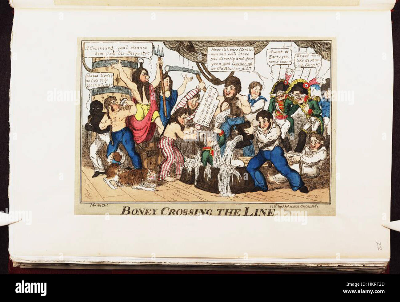 „Boney Crossing the Line“ ist eine künstlerische Darstellung von Napoleon Bonaparte, die während seiner Marinereise den Äquator überquerte und einen bedeutenden historischen Moment im frühen 19. Jahrhundert hervorhebt. Das Gemälde fängt die Größe und historische Bedeutung des Ereignisses ein. Stockfoto „Boney Crossing the Line“ ist eine künstlerische Darstellung von Napoleon Bonaparte, die während seiner Marinereise den Äquator überquerte und einen bedeutenden historischen Moment im frühen 19. Jahrhundert hervorhebt. Das Gemälde fängt die Größe und historische Bedeutung des Ereignisses ein. Stockfoto