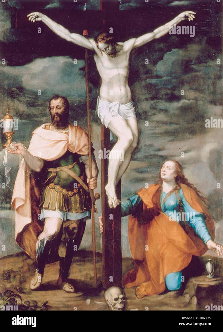 Dieses Gemälde aus dem 17. Jahrhundert mit dem Titel *Kreuzigung zwischen dem Heiligen Longinus und Maria Magdalena* zeigt die biblische Szene der Kreuzigung Christi, wobei der Heilige Longinus und Maria Magdalena Zeugen des Ereignisses sind. Das Kunstwerk hebt dramatische Ausdrücke und intensive religiöse Symbolismus hervor. Stockfoto