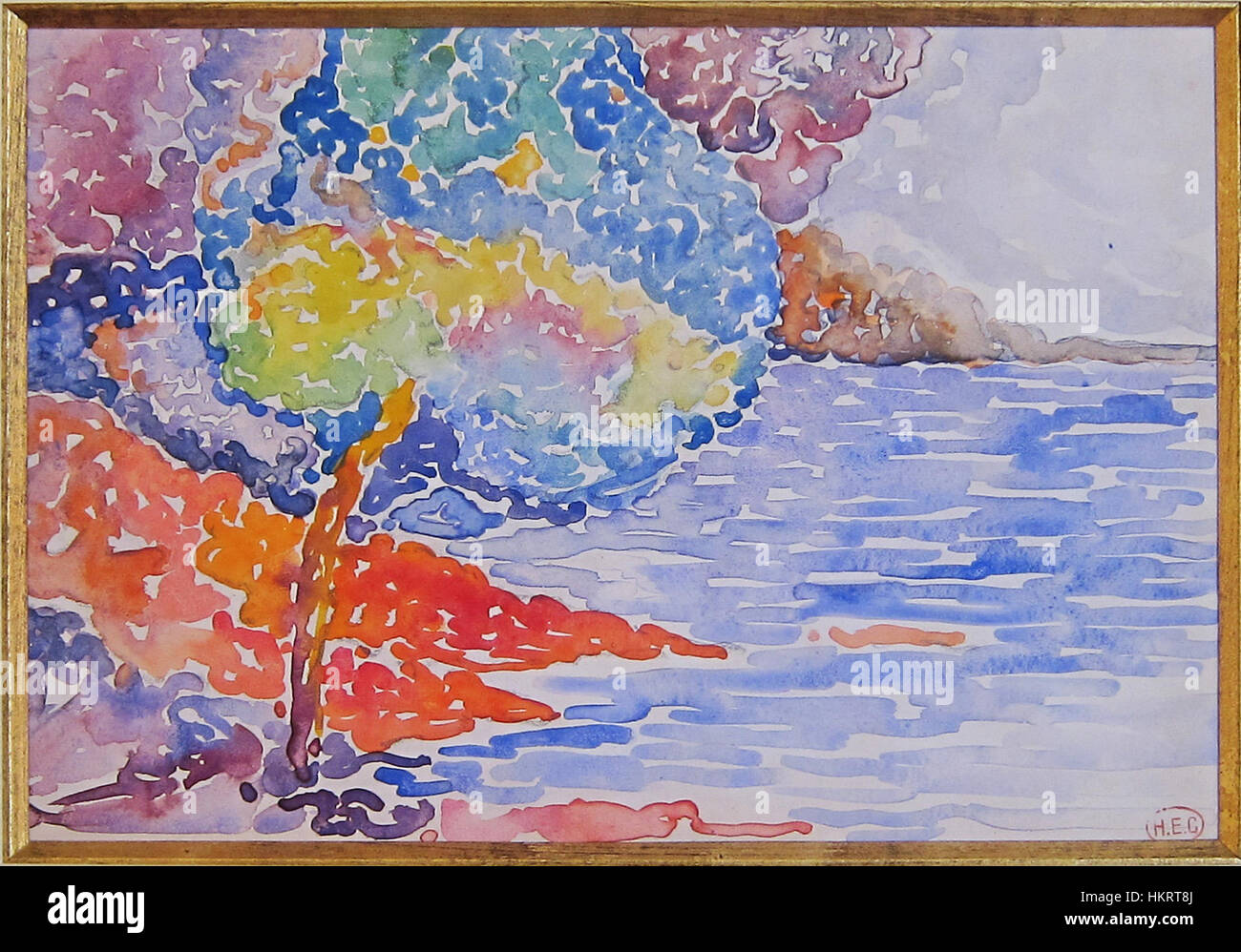 Dieses Kunstwerk mit dem Titel „Cross bord de Mer“ zeigt eine Szene am Meer, die die ruhige Schönheit und Ruhe der Küstenlandschaften einfängt. Das Gemälde hebt das Zusammenspiel von Licht und Natur hervor. Stockfoto