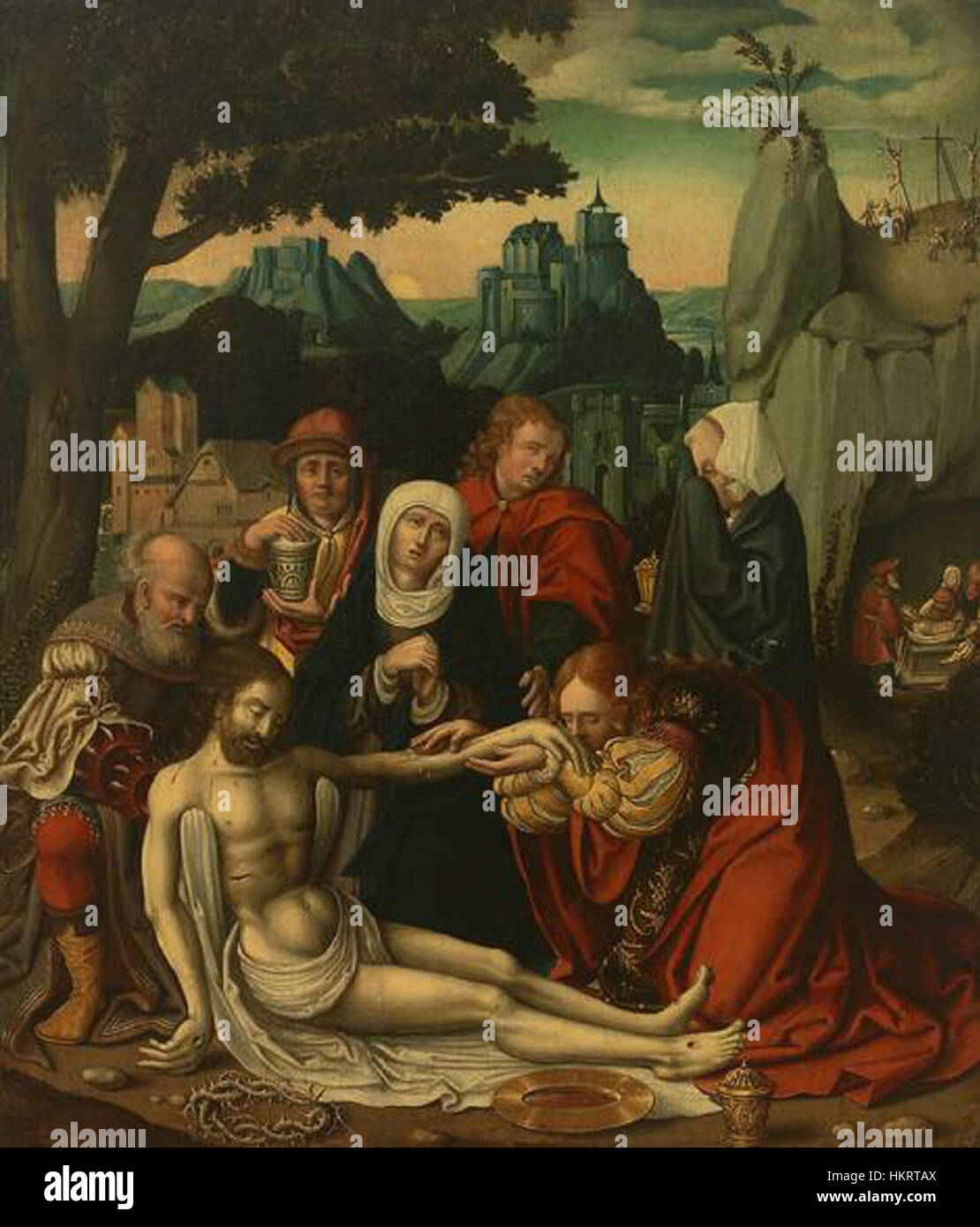 Ein niederländisches Gemälde aus dem 16. Jahrhundert, das die Abstammung vom Kreuz und die Begräbnis Christi darstellt. Dieses religiöse Kunstwerk spiegelt die Intensität und Emotionen der Leidenschaft Christi während der Spätrenaissance wider. Stockfoto