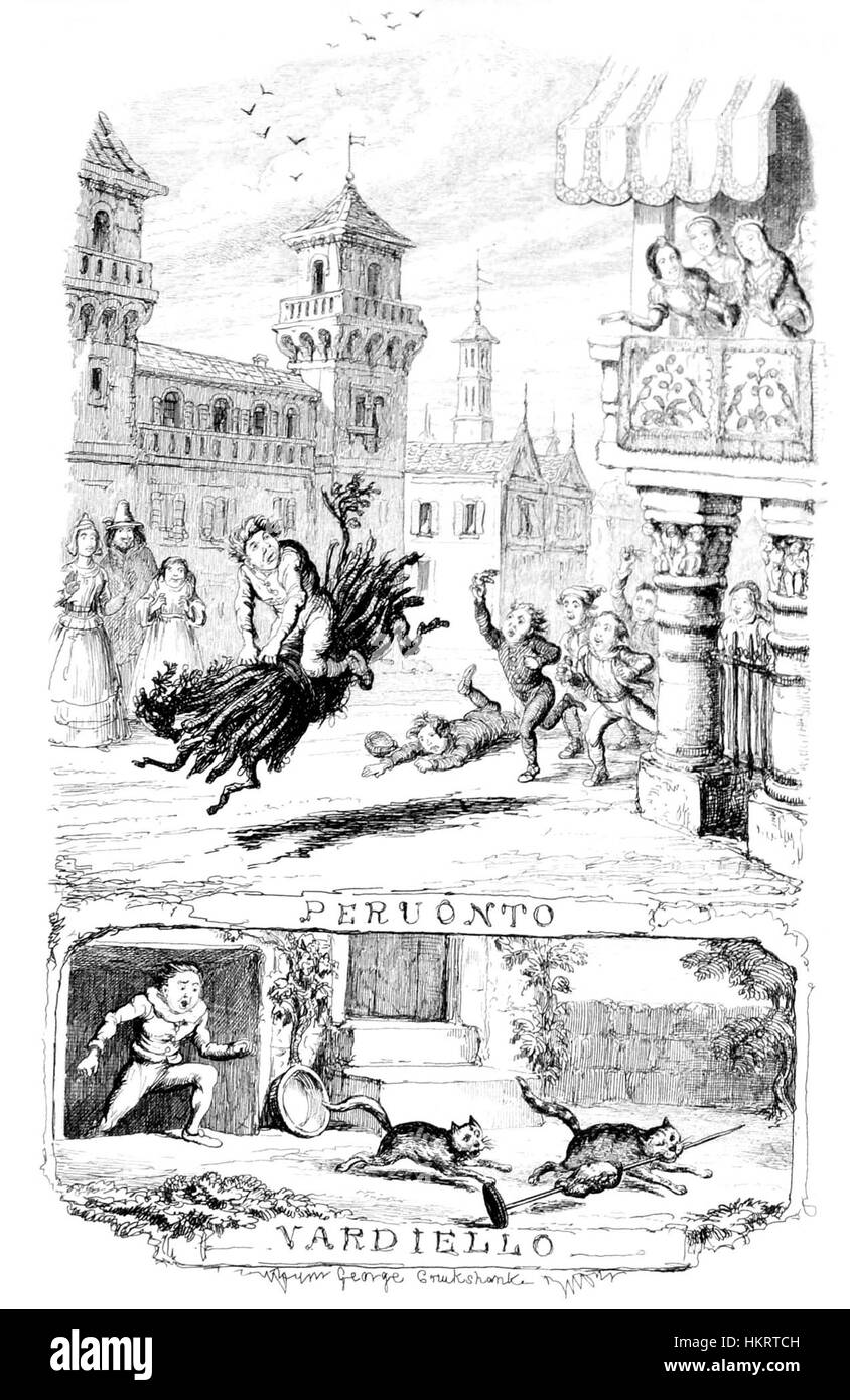 Die Serie „Pentamerone“ von Cruikshank zeigt Illustrationen italienischer Folklore und Märchen. Dieses im 19. Jahrhundert entstandene Kunstwerk ist bekannt für seine lebendige Darstellung fantastischer Charaktere und Szenen, die spätere Interpretation italienischer mythologischer Geschichten beeinflussen. Stockfoto