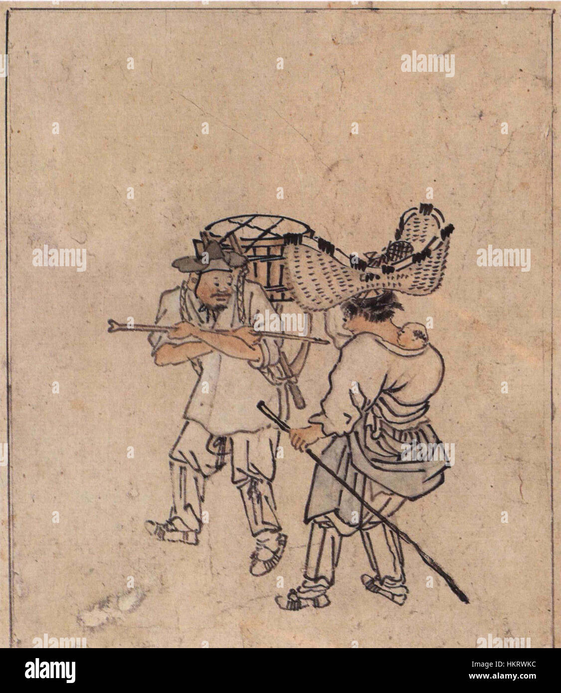 Danwon Haengsang war ein bekannter koreanischer Künstler, der für seine traditionellen Tuschmalereien bekannt ist, die Elemente der koreanischen Geschichte und Kultur einfangen. Dieses Kunstwerk zeigt die feine Ausführung koreanischer Pinsel und die Darstellung historischer Szenen. Stockfoto