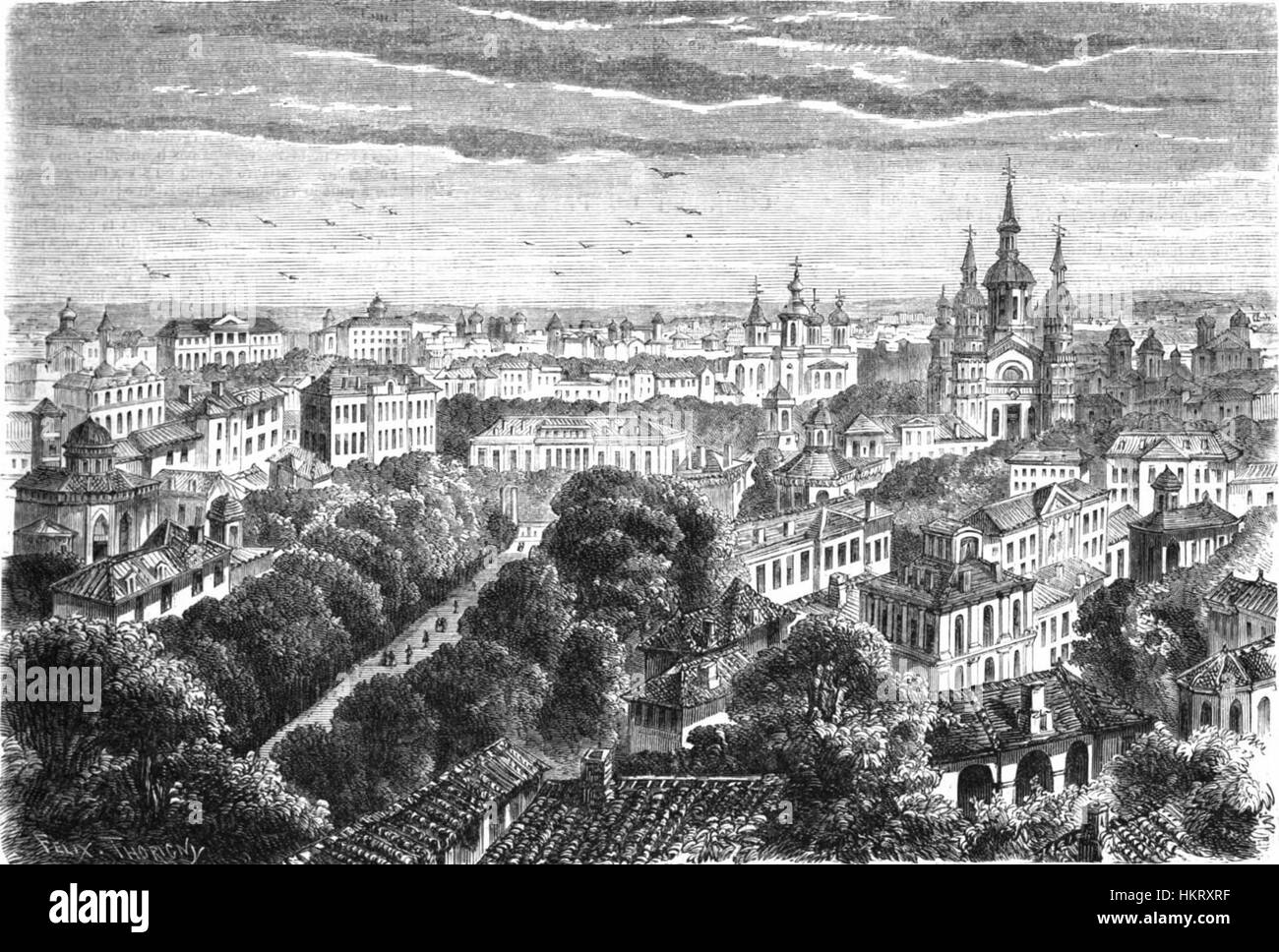 *Dealul Mitropoliei* (1859), wie in *Le Monde Illustre* gezeigt, veranschaulicht die historische Landschaft Rumäniens mit einem Schwerpunkt auf dem Mitropoliei-Hügel und zeigt die Architektur und kulturelle Umgebung der Region. Stockfoto