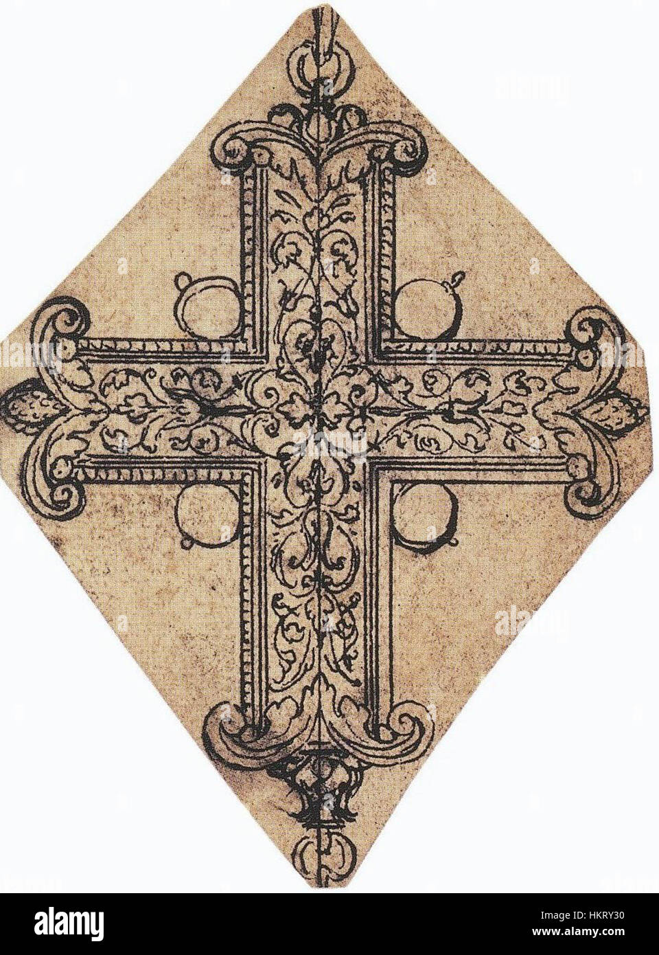 Ein dekoratives Kreuz von Hans Holbein dem Jüngeren. Bekannt für seine komplexen und detaillierten Entwürfe spiegelt dieses Werk die Fähigkeit des Künstlers wider, religiöse Symbolik mit künstlerischer Handwerkskunst zu verbinden. Stockfoto