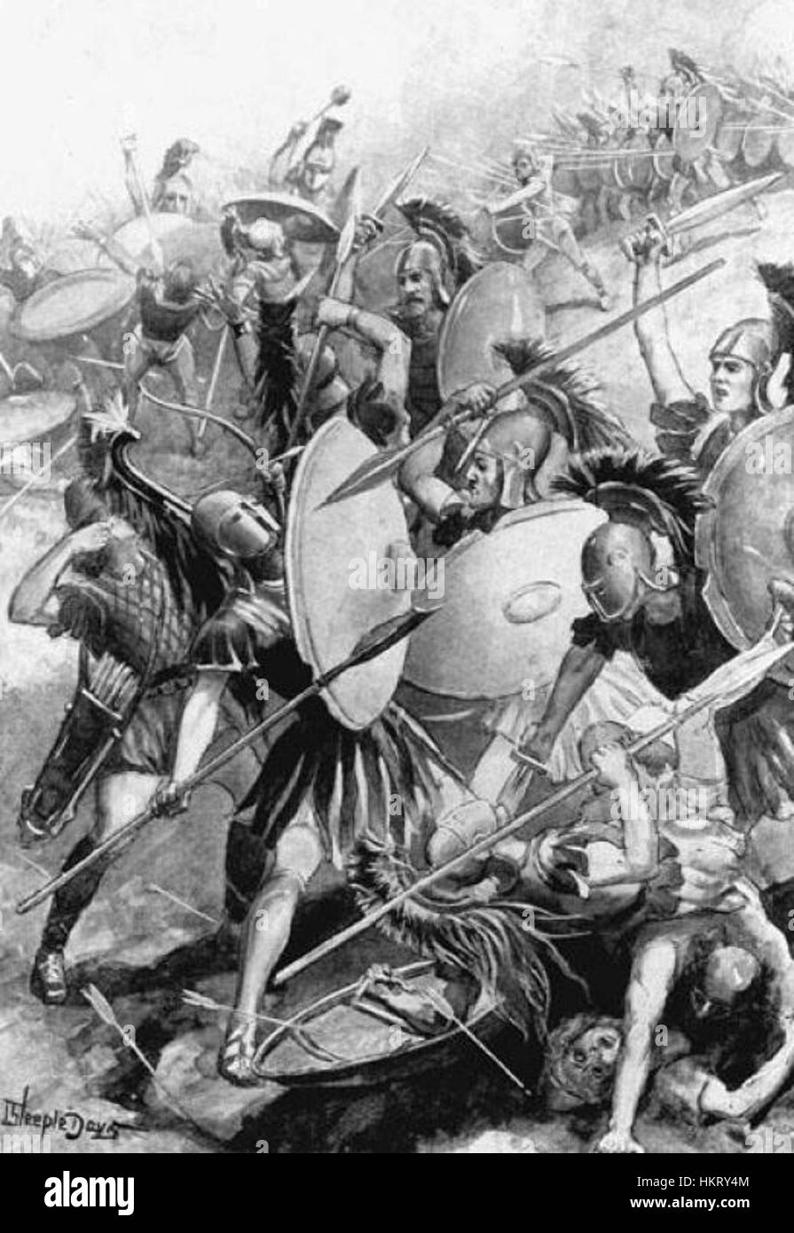 Dieses Kunstwerk zeigt die historische Niederlage der athenischen Armee in der Schlacht von Syrakus im Jahre 413 v. Chr., ein zentrales Ereignis in der antiken griechischen Geschichte. Die Niederlage markierte den Untergang der Athen-kaiserlichen Ambitionen im Peloponnesischen Krieg. Stockfoto