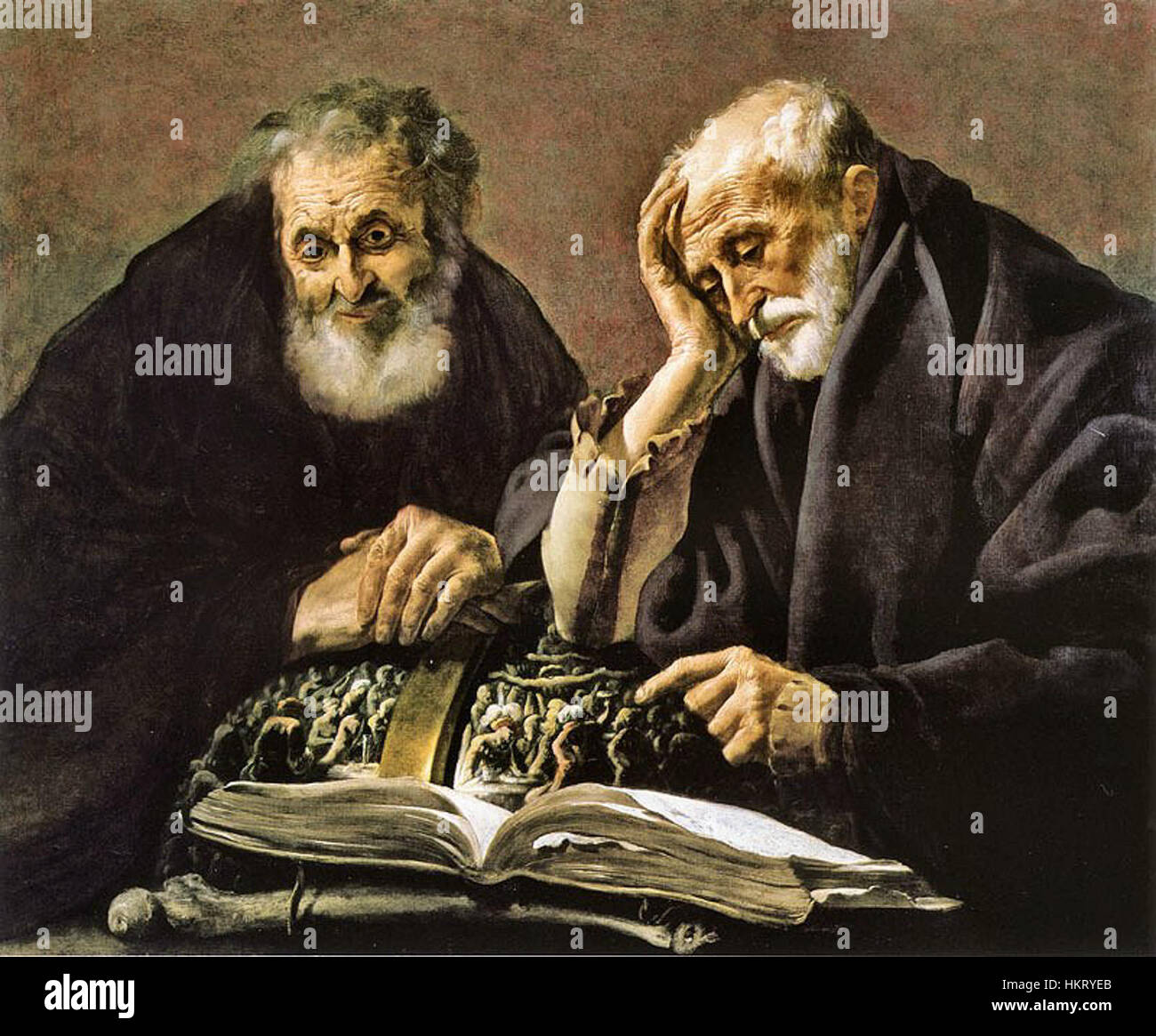 Demokritus und Heraklitus ist ein Gemälde von Hendrick Terbrugghen, das die beiden antiken griechischen Philosophen darstellt. Die Arbeit zeigt Terbrugghens Talent, psychologische Tiefe darzustellen, und kontrastiert die unterschiedlichen philosophischen Ansichten der Denker über Leben und Existenz. Stockfoto