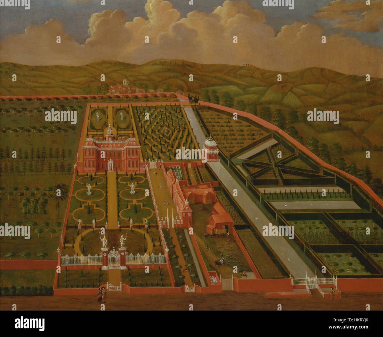 *Denham Place* in Buckinghamshire ist ein historisches Herrenhaus, das in einem Kunstwerk dargestellt ist. Dieses Gemälde bietet einen Einblick in die Architektur und das Design englischer Landhäuser, die die Pracht britischer Anwesen widerspiegeln. Stockfoto