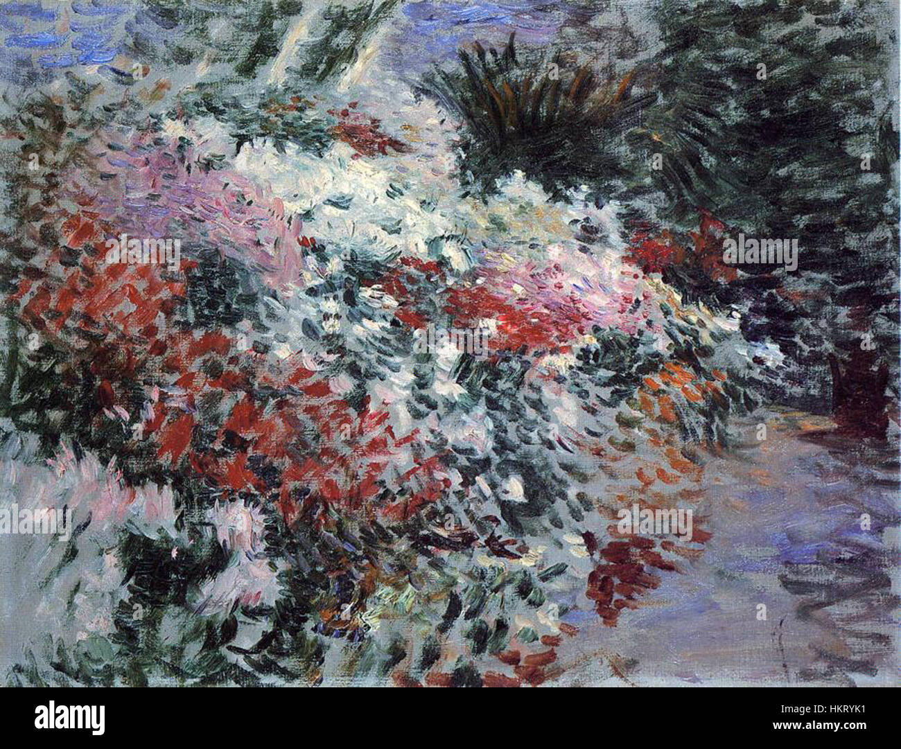 „In the Greenhouse“ von Dennis Miller Bunker ist ein gutes Beispiel für die Kunst des amerikanischen Impressionismus, die eine ruhige Szene in einem Gewächshaus darstellt. Das Gemälde zeigt Bunkers Verwendung von Licht, Farbe und Textur, um die natürliche Umgebung zum Leben zu erwecken. Stockfoto