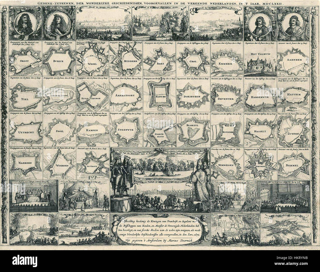 Dieses Gemälde zeigt die wichtigsten Ereignisse in den Niederlanden im Jahr 1672, einem von Kriegen und politischer Instabilität geprägten Jahr der niederländischen Geschichte. Das Kunstwerk fängt die Kämpfe und Spannungen der Epoche in einem historischen Kontext ein. Stockfoto