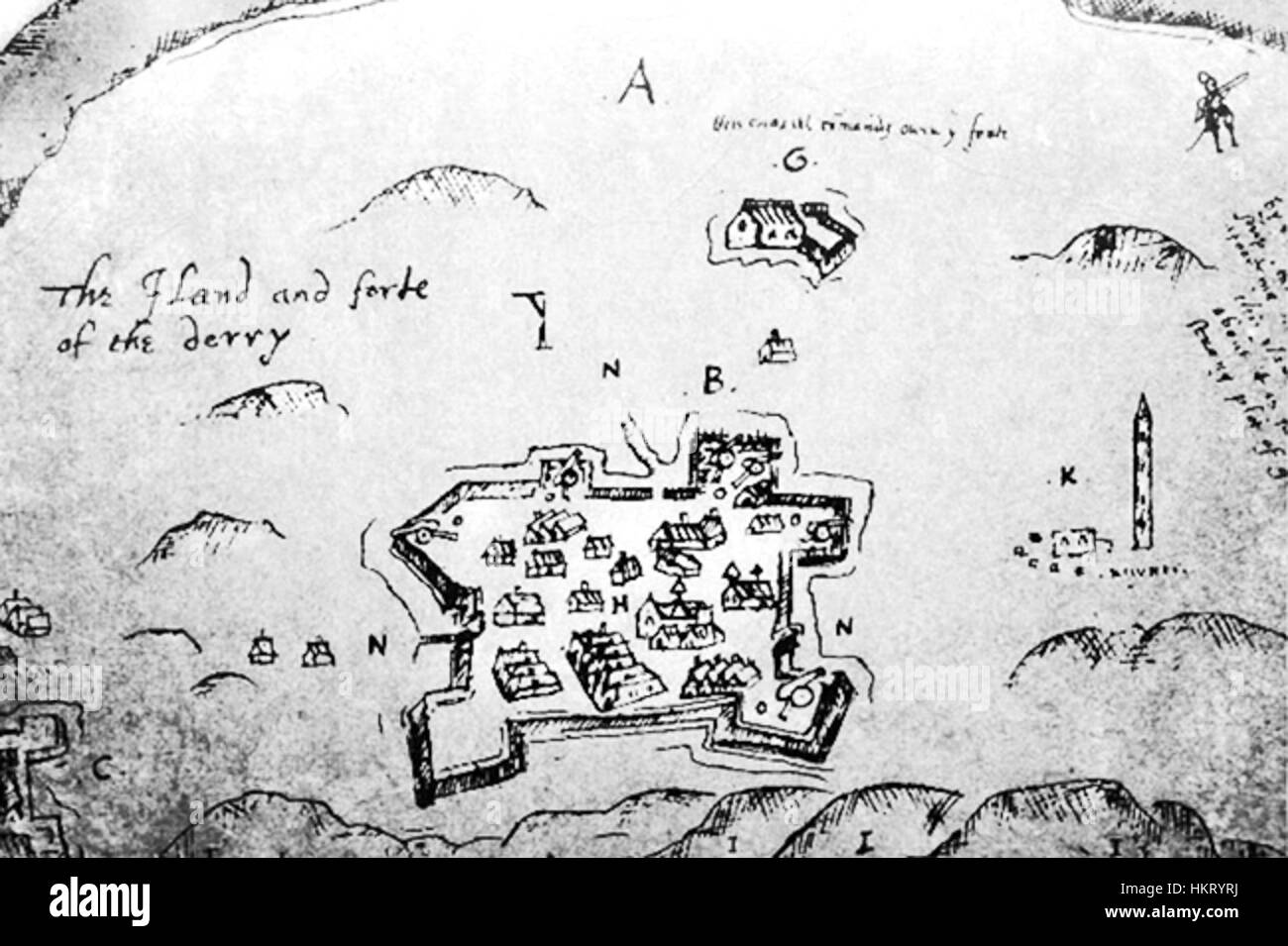 Dieses historische Gemälde von Derry, Irland aus dem Jahr 1607, fängt die Landschaft der Stadt aus dem frühen 17. Jahrhundert ein und zeigt die Architektur und die Umgebung während der Zeit des frühen britischen Einflusses in Irland. Stockfoto
