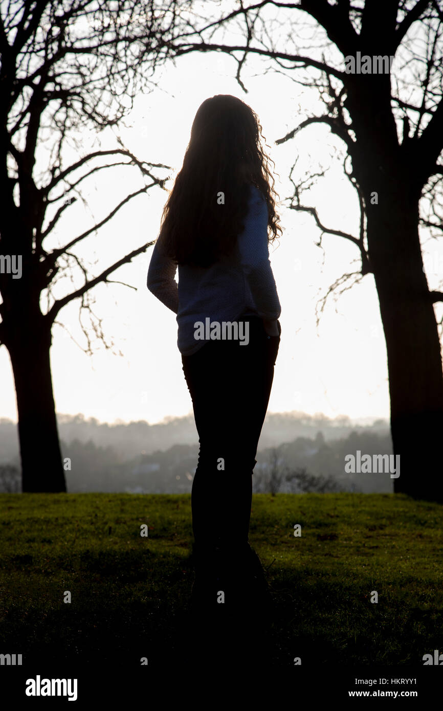 Hintere Ansicht junge Frau mit langen Haaren, stehend, Blick in die Ferne, im Freien, silhouette. Stockfoto
