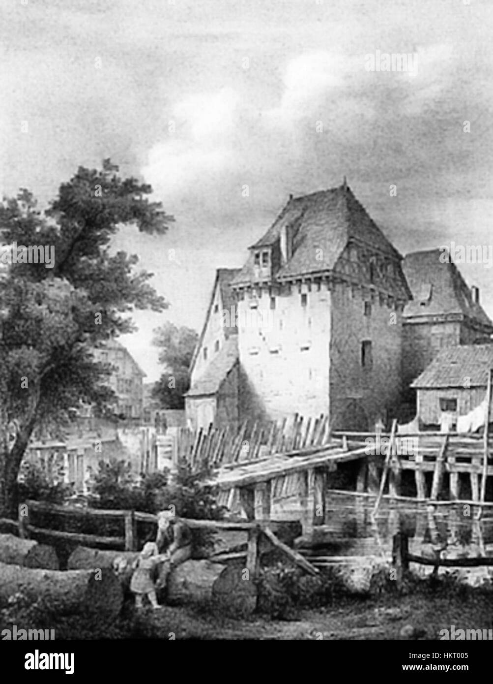 „Der Wasserthurm“ von Rudolf Wiegmann, gemalt 1835, zeigt eine detaillierte und atmosphärische Darstellung eines Wasserturms. Wiegmanns Werk greift die architektonische Form und die historische Bedeutung des Bauwerks auf und zeigt sein Können bei der Gestaltung von Gebäuden im Stil des 19. Jahrhunderts. Stockfoto