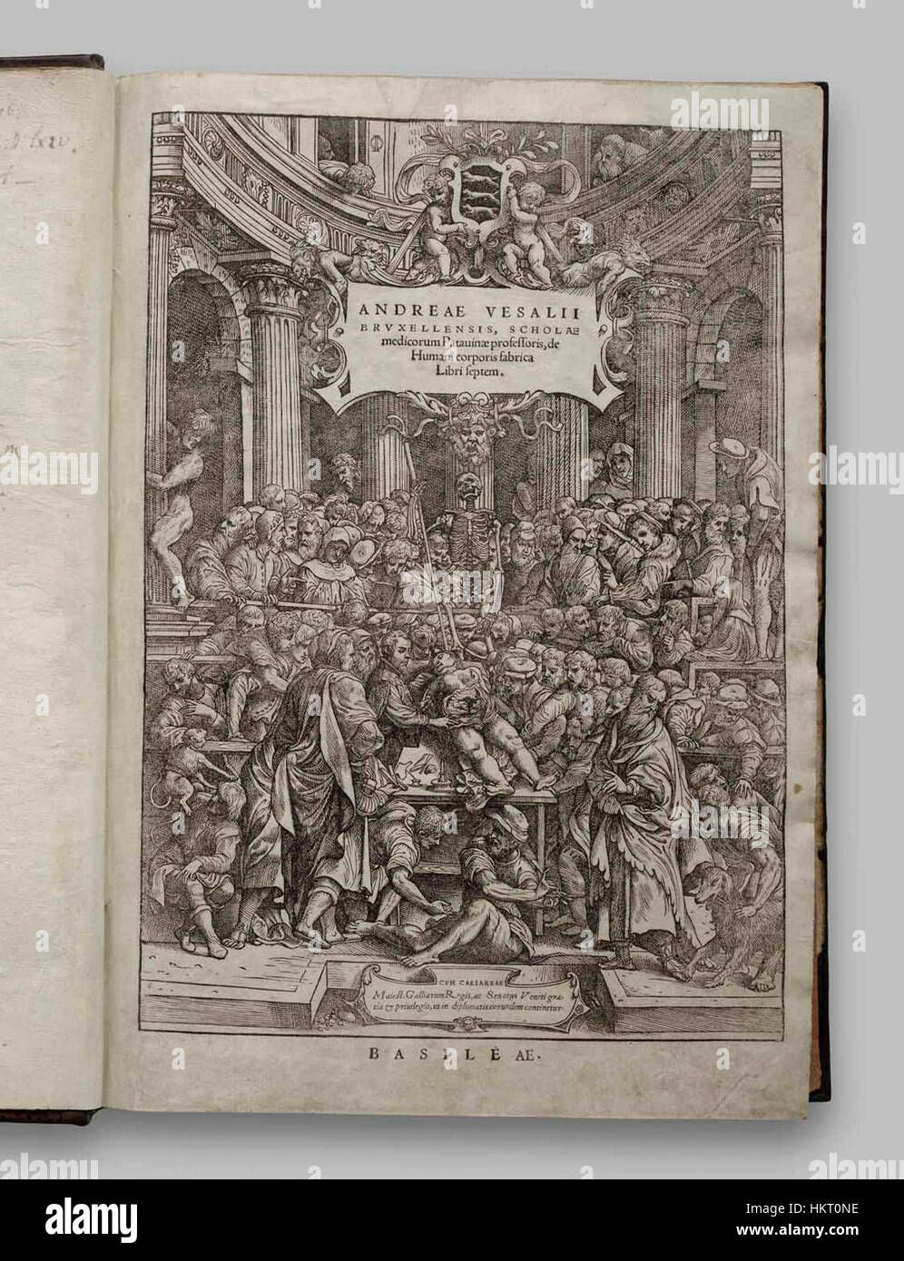 Die Titelseite von „de humani corporis fabrica“, einem einflussreichen anatomischen Text von Andreas Vesalius, ist ein Meisterwerk der frühen medizinischen Illustration. Diese Arbeit aus dem 16. Jahrhundert revolutionierte das Studium der menschlichen Anatomie. Stockfoto