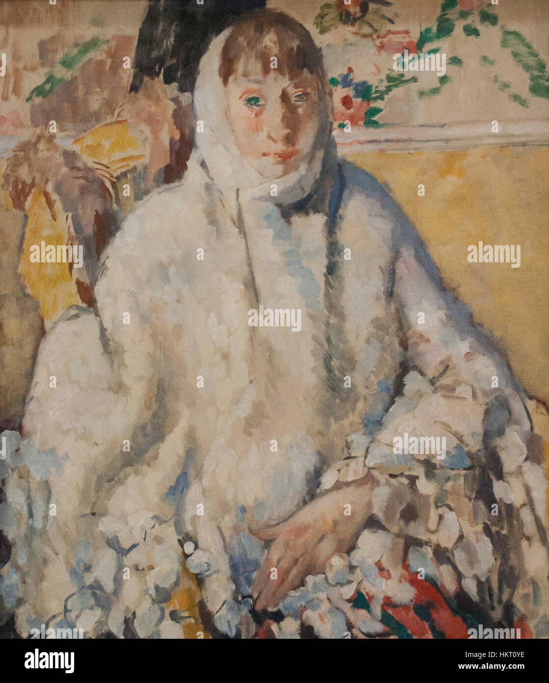 Das Gemälde mit dem Titel „de Zieke Met de Witte Sjaal“ zeigt eine Figur in einem weißen Schal, die Themen Krankheit und Verletzlichkeit betont. Die Verwendung von Licht und Schatten vermittelt emotionale Tiefe und unterstreicht den Ausdruck des Motivs. Dieses Kunstwerk ist ein klassisches Beispiel der europäischen Ölmalerei aus dem 17. Jahrhundert. Stockfoto