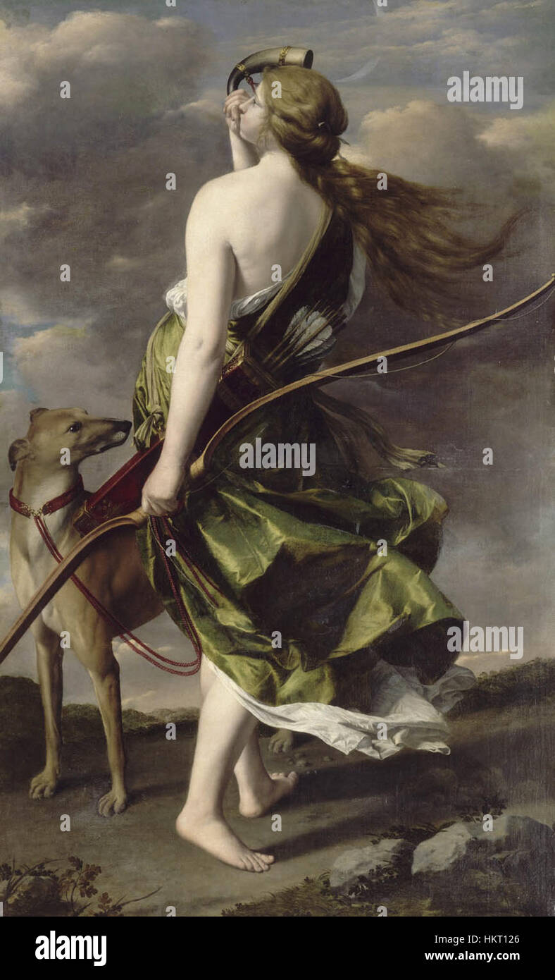 Orazio Gentileschis „Diana die Jägerin“ aus dem 17. Jahrhundert zeigt die römische Göttin in dynamischer Pose und betont ihre Stärke und Anmut. Das Ölgemälde zeigt Gentileschis Meisterschaft in der Darstellung von Figuren mit dramatischer Bewegung. Stockfoto