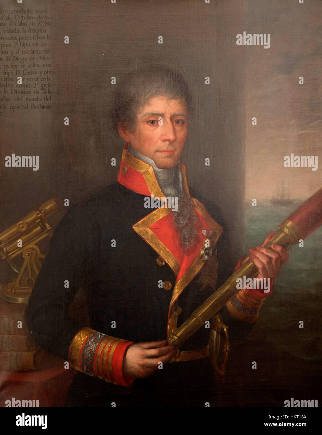 Dieses Porträt von Diego de Alvear, einer bemerkenswerten spanischen Militärfigur, fängt seinen aristokratischen Status und seine historische Bedeutung ein. Das Gemälde ist ein schönes Beispiel klassischer Porträts aus dem 18. Jahrhundert. Stockfoto