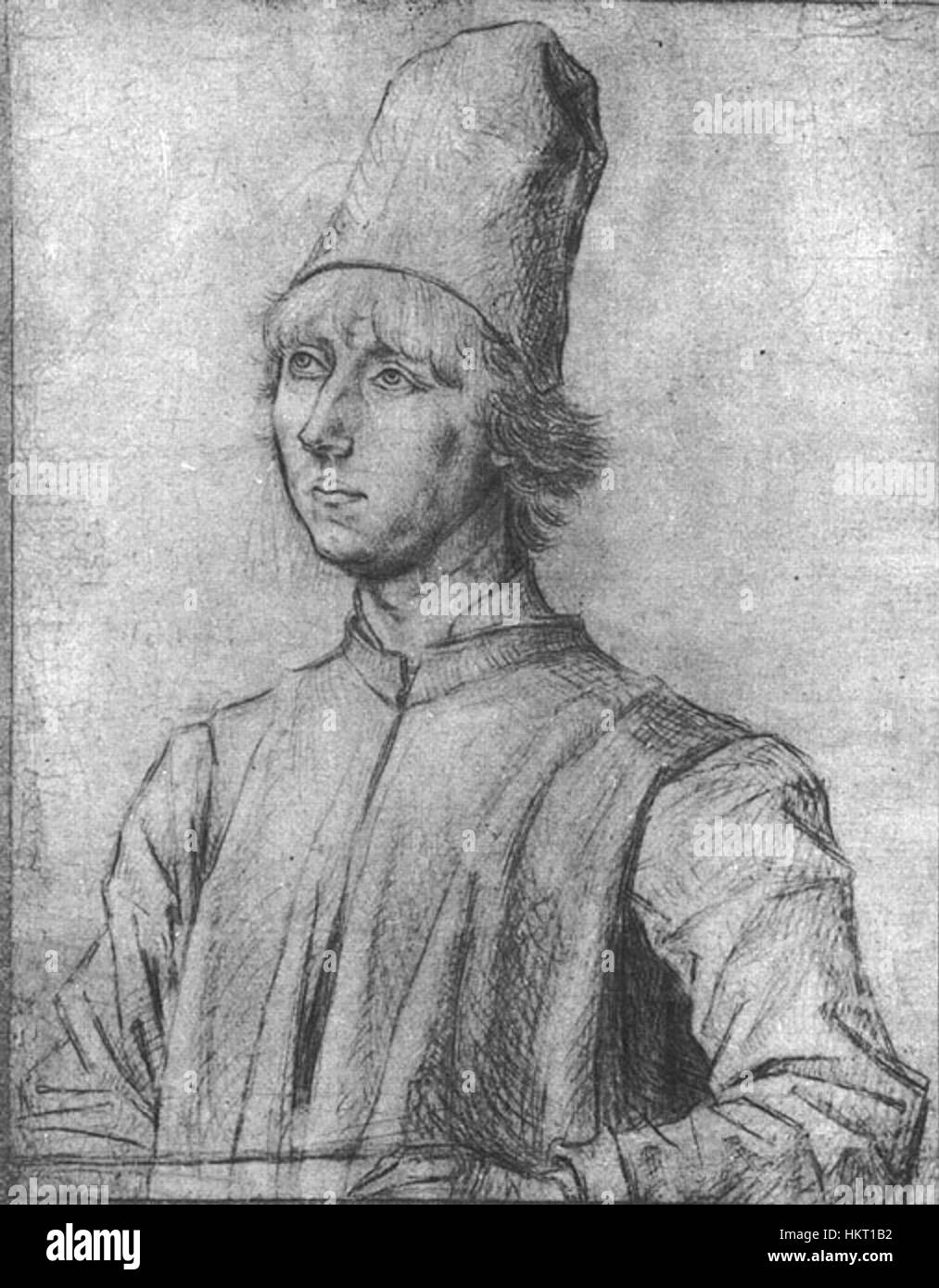 Porträt eines Mannes von Dieric Bouts ist ein fein detailliertes Ölgemälde aus dem 15. Jahrhundert. Das Werk zeichnet sich durch seine realistische Darstellung der Merkmale des Themas aus, die typisch für die Porträtmalerei der nördlichen Renaissance sind. Stockfoto