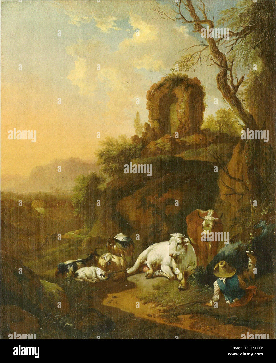 Das Gemälde von Christian Wilhelm Ernst Dietrich, Bukolische Landschaft mit Ruinen, eine Landschaft aus dem 18. Jahrhundert, die eine bukolische Szene mit Ruinen zeigt, ist typisch für die Faszination der Epoche für pastorale Landschaften und klassische Architektur. Stockfoto