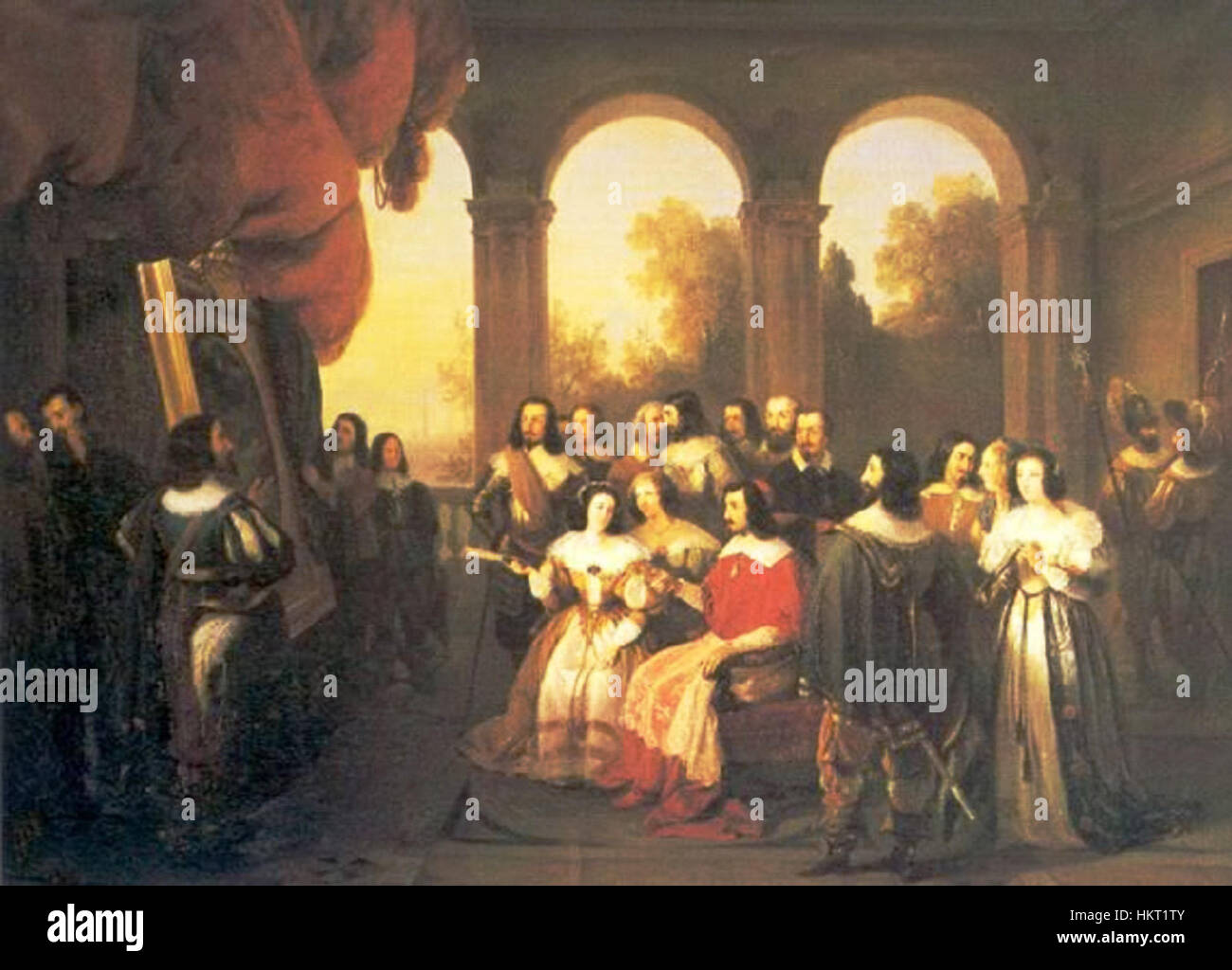 Dieses Kunstwerk zeigt Prinz Maurizio von Savoyen und seine Nichte, die ein Gemälde von Albani beobachten und die kulturelle und künstlerische Wertschätzung der Zeit am königlichen Hof hervorheben. Stockfoto