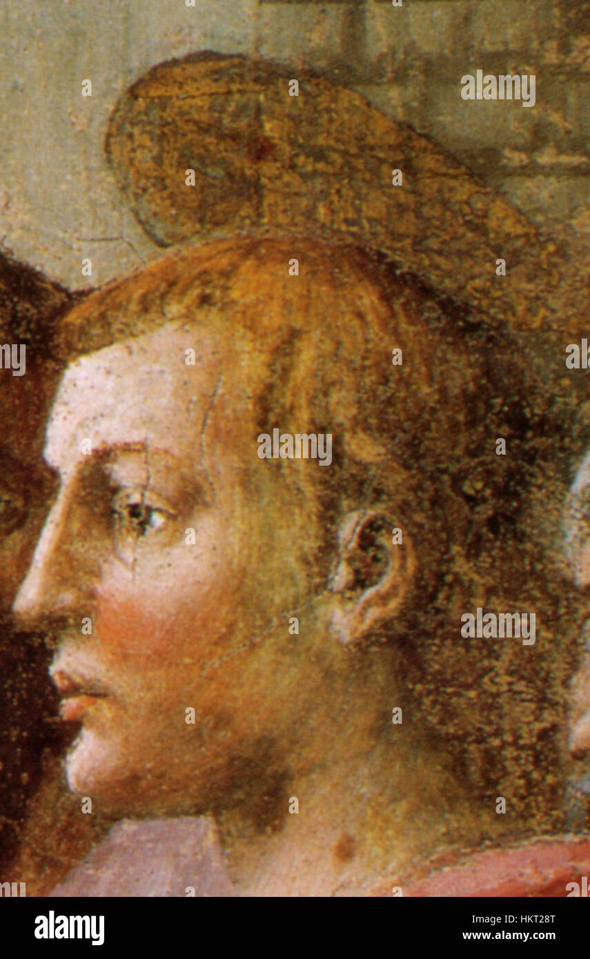 Dieses Kunstwerk zeigt zwei bedeutende biblische Szenen: Die Verteilung von Almosen und den Tod von Ananias, wobei Schlüsselmomente früherer christlicher Lehren und moralischer Lehren hervorgehoben werden. Stockfoto