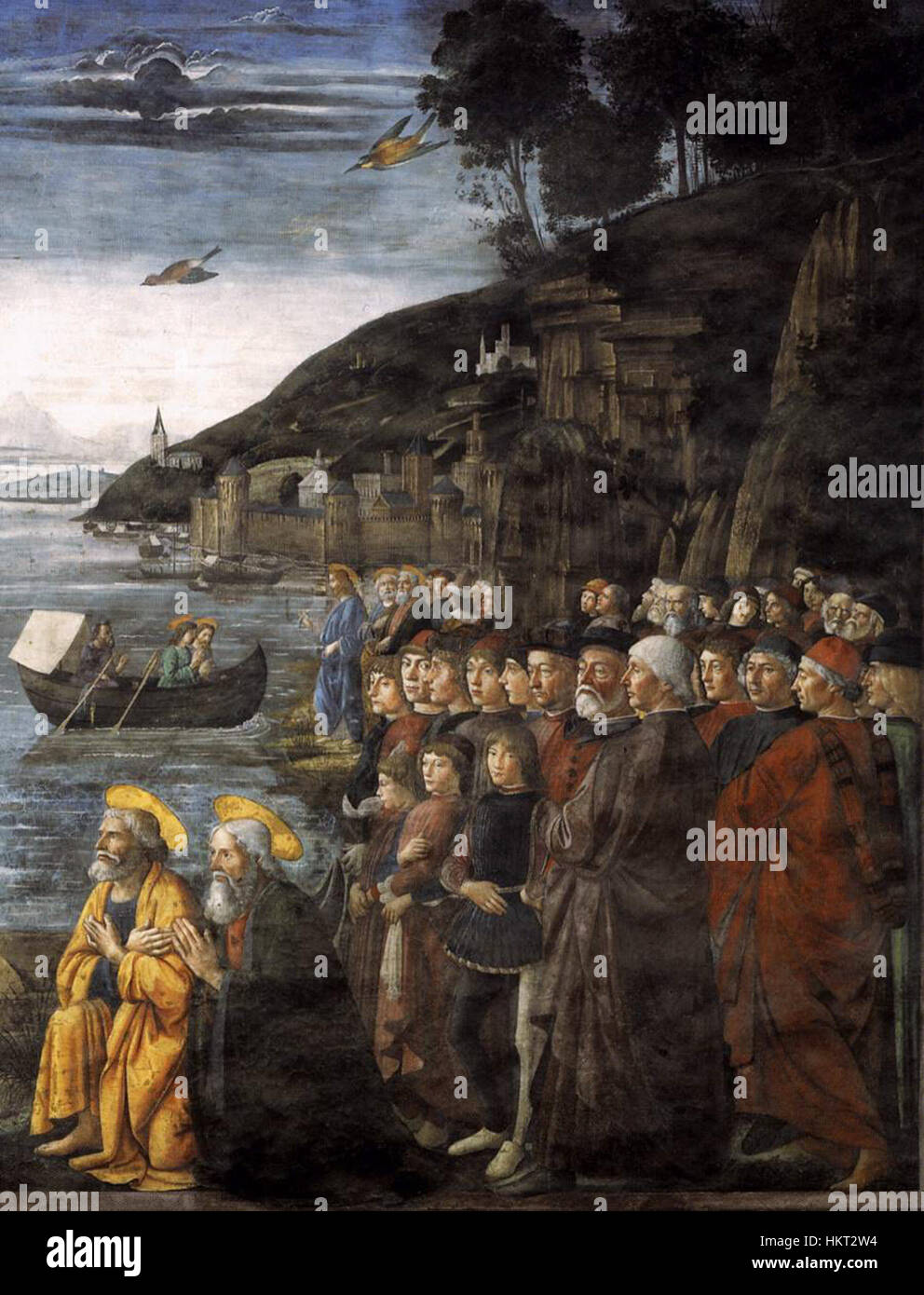 „Chiamata degli Apostoli“ von Domenico Ghirlandaio ist ein Fresko, das die Berufung der Apostel darstellt. Das Kunstwerk zeigt Ghirlandaios Kunst in Fresko-Technik und religiösen Themen der Renaissance. Stockfoto