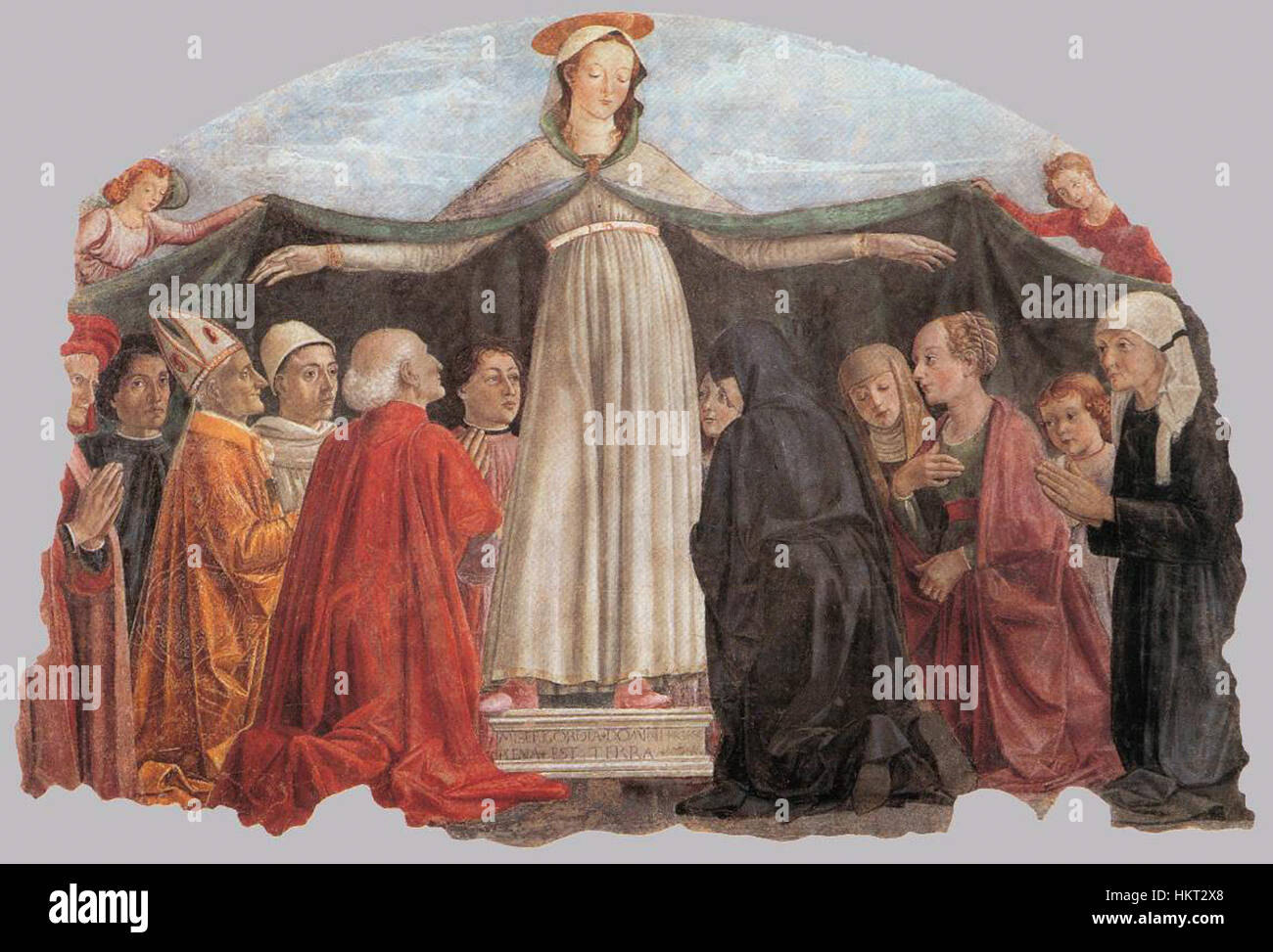 Domenico Ghirlandaios Fresken in der Cappella Vespucci zeigen Szenen aus dem Leben des hl. Augustinus. Seine meisterhafte Verwendung von Perspektive und lebendigen Farben macht das Werk zu einem bedeutenden Beispiel für Renaissance-Freskenmalerei. Stockfoto