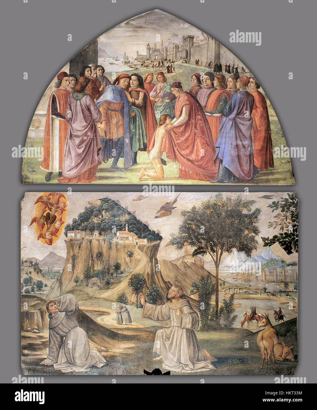 Dieses Detail aus der linken Wand der Sassetti-Kapelle von Domenico Ghirlandaio veranschaulicht die komplizierten Fresken. Das Gemälde ist ein bedeutendes Beispiel für die Kunst der Renaissance und spiegelt die religiösen und künstlerischen Praktiken der Zeit wider. Stockfoto