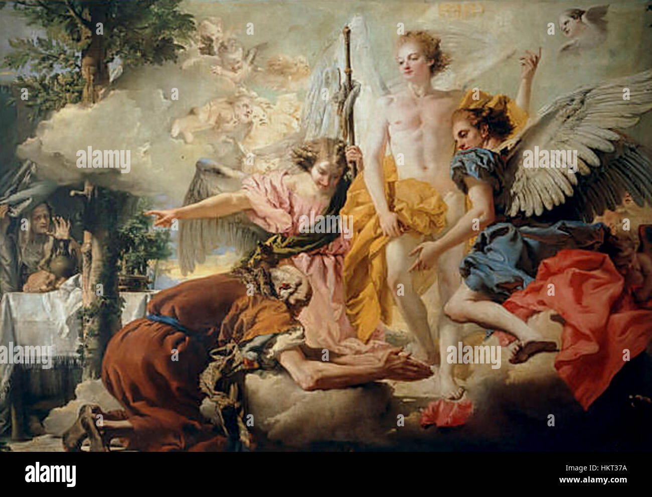 Domenico Tiepolos Gemälde „Abraham“ von 1773 zeigt eine biblische Szene des Patriarchen Abraham in einem Moment des Gebets, umgeben von drei Engeln. Dieses Werk, das im Rokoko-Stil gemalt ist, ist ein Musterwerk italienischer religiöser Kunst aus dem 18. Jahrhundert. Stockfoto
