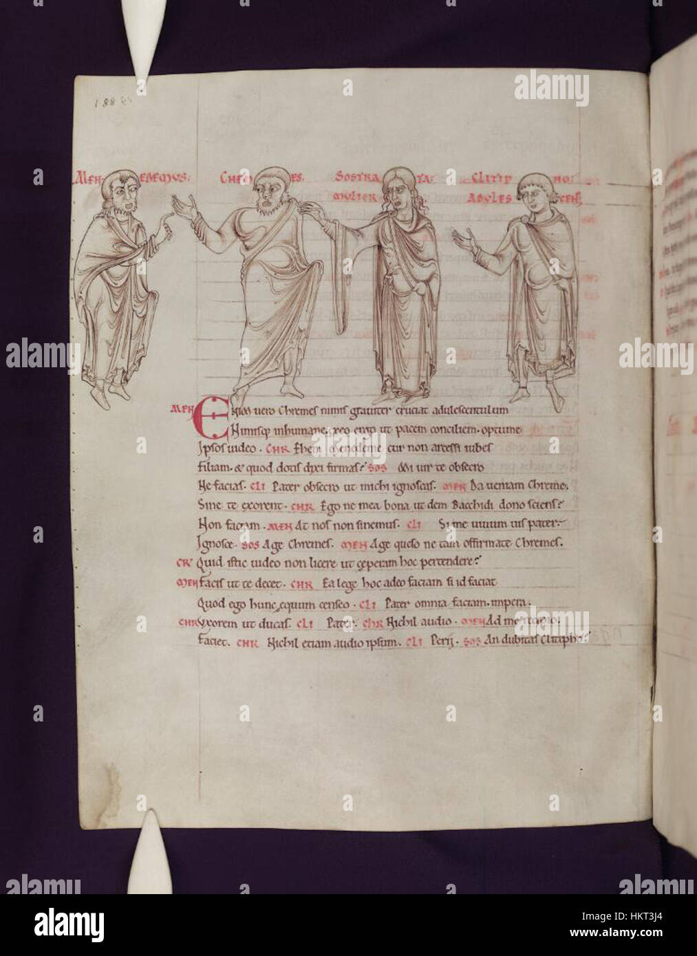 Eine Seite aus den „Komödien von Terence“, die in den Bodleian-Bibliotheken untergebracht ist und eine mittelalterliche Manuskriptillustration zeigt. Das Bild stellt eine Szene aus einem von Terences komödiantischen Theaterstücken dar, die den klassischen Einfluss auf die mittelalterliche Literatur widerspiegelt. Stockfoto