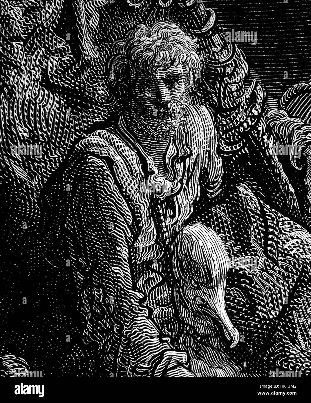 Dieses detaillierte Stück von Gustave Doré, „Ich habe die Wasserschlangen beobachtet“, zeigt eine fantastische Szene mit Schlangenkreaturen in einer dunklen, wässrigen Umgebung. Dorés komplizierte Linienführung und dramatische Darstellung sind charakteristisch für seine Illustrationen aus dem 19. Jahrhundert, die oft gotische und mythologische Themen thematisieren. Stockfoto