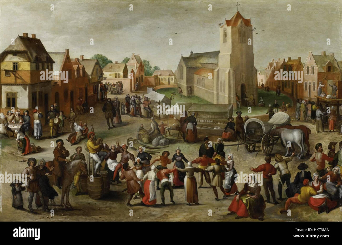 Dorffest NL 17 JH ist ein Gemälde, das ein Dorffest aus den Niederlanden des 17. Jahrhunderts darstellt. Es fängt die lebendige Kultur und das gesellschaftliche Leben der Zeit mit detaillierten Zahlen und Aktivitäten ein. Stockfoto