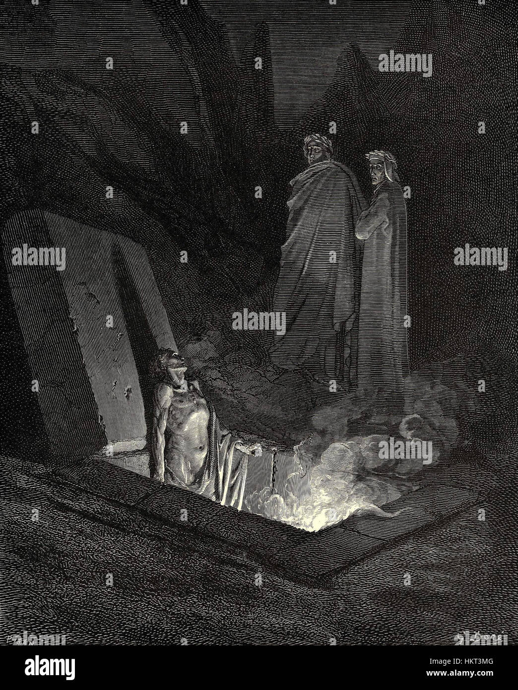 Gustave Dorés Holzschnitt für Dantes „Göttliche Komödie“ fängt die dunkle, dramatische Atmosphäre des epischen Gedichts ein. Dorés komplizierte und kraftvolle Illustrationen zeigen Szenen aus der Hölle, dem Fegefeuer und dem Paradies und erwecken Dantes Reise auf visuell überzeugende Weise zum Leben. Stockfoto