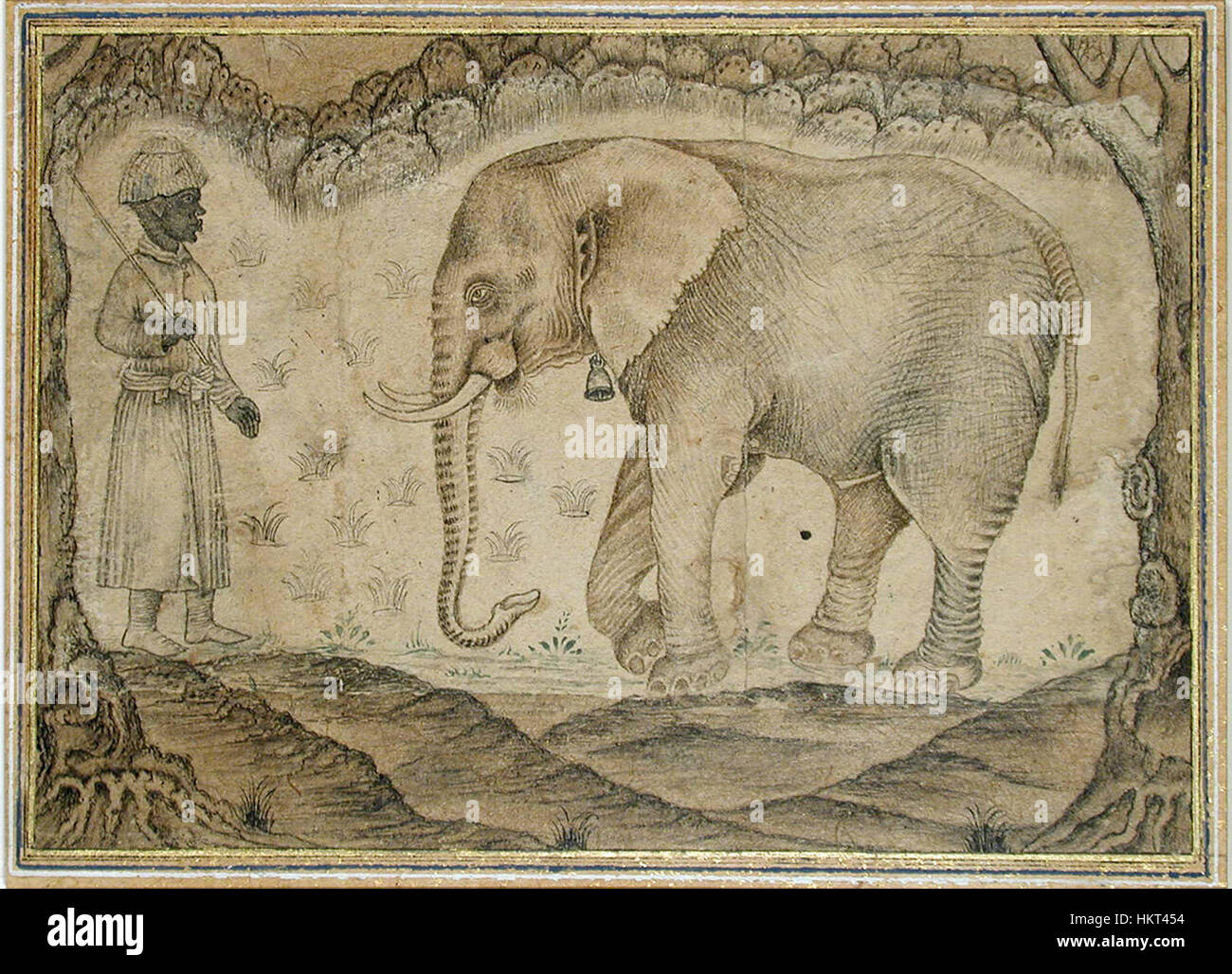 Diese Zeichnung zeigt einen afrikanischen Elefanten mit seinem Mahout, der die Bindung zwischen dem Tier und seinem Hundeführer festlegt. Das Kunstwerk, das von dem Künstler Binney geschaffen wurde, beleuchtet die Majestät des Elefanten und die historische Praxis des Elefantenhandhabens in Indien. Das im San Diego Museum of Art ausgestellte Stück trägt zur Kultur- und zoologischen Geschichte bei und spiegelt das traditionelle Leben und die Beziehungen zwischen Mensch und Tier wider. Stockfoto