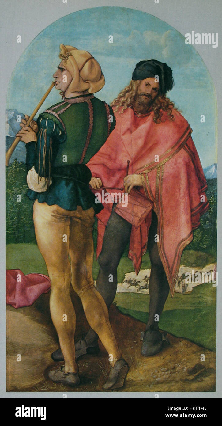 Albrecht Dürers Holzschnitt „Piper and Drummer“ aus dem Jahr 1503 zeigt zwei Musiker, die die detaillierten Texturen und expressiven Posen einfangen, die für Dürers frühe Werke charakteristisch sind. Dieser Druck veranschaulicht seine Beherrschung der Form und seine Fähigkeit, Charakter durch einfache, aber kraftvolle Kompositionen zu vermitteln. Stockfoto