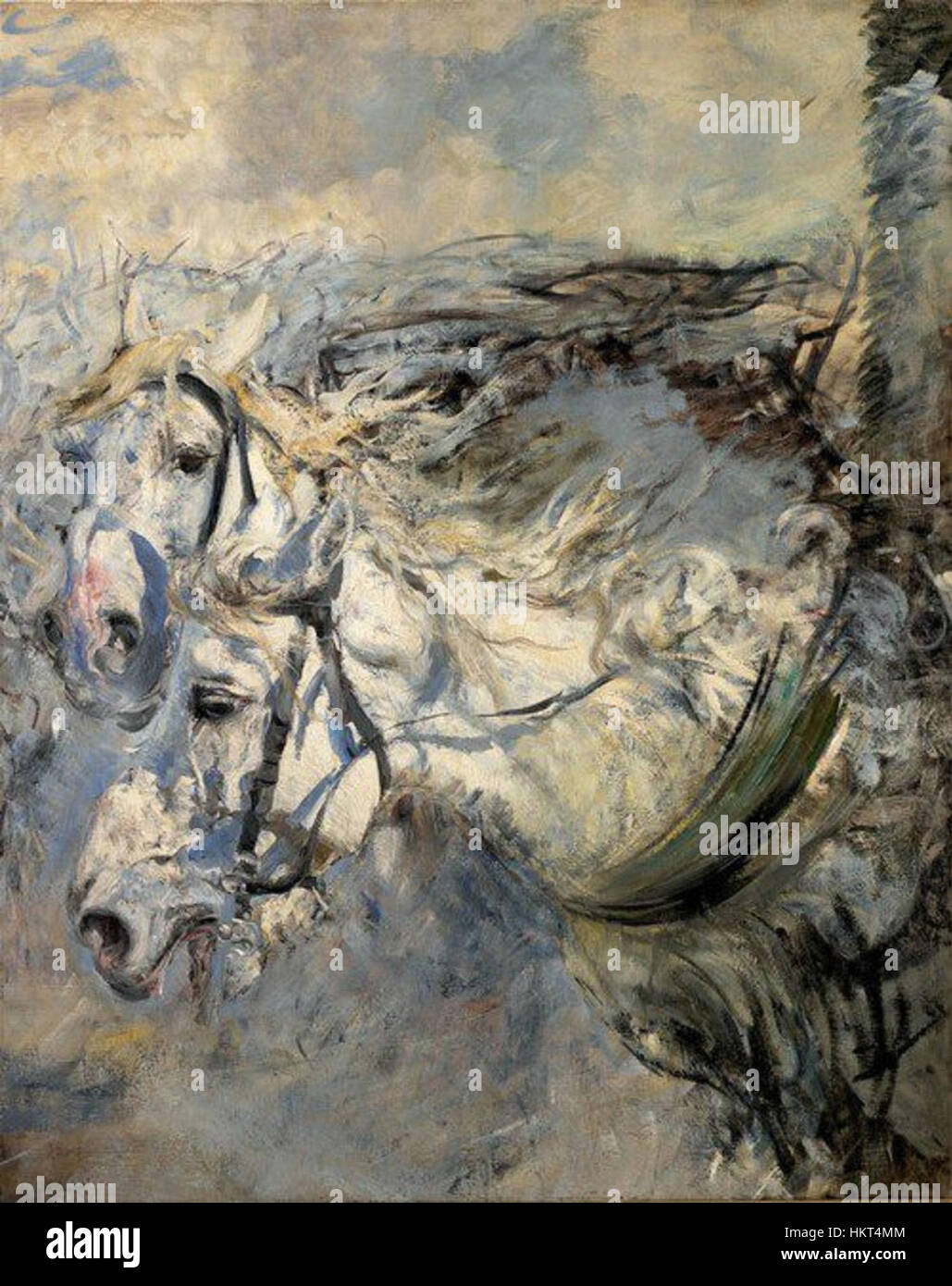 „Due Cavalli Bianchi“ (zwei weiße Pferde) ist ein elegantes Gemälde, das zwei weiße Pferde in einer ruhigen Landschaft darstellt. Das Kunstwerk fängt die Anmut und Schönheit dieser majestätischen Tiere in ihrer natürlichen Umgebung ein und zeigt die Fähigkeit des Künstlers, Tiere mit realistischen Details und Harmonie darzustellen. Stockfoto