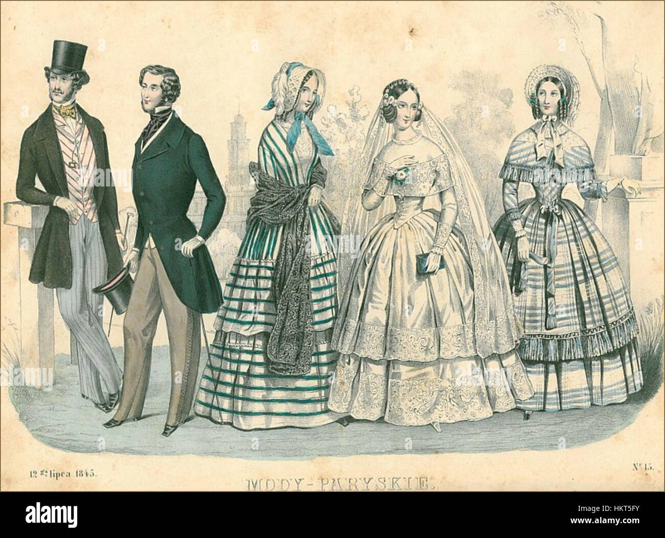Das „Dziennik Mod Paryskich“ (Paris Fashion Journal) vom 15. Februar fängt die neuesten Trends der Pariser Mode ein. Diese historische Zeitschrift bietet Einblicke in die Mode des 19. Jahrhunderts und bietet einen Einblick in die Eleganz und den Stil dieser Zeit. Stockfoto