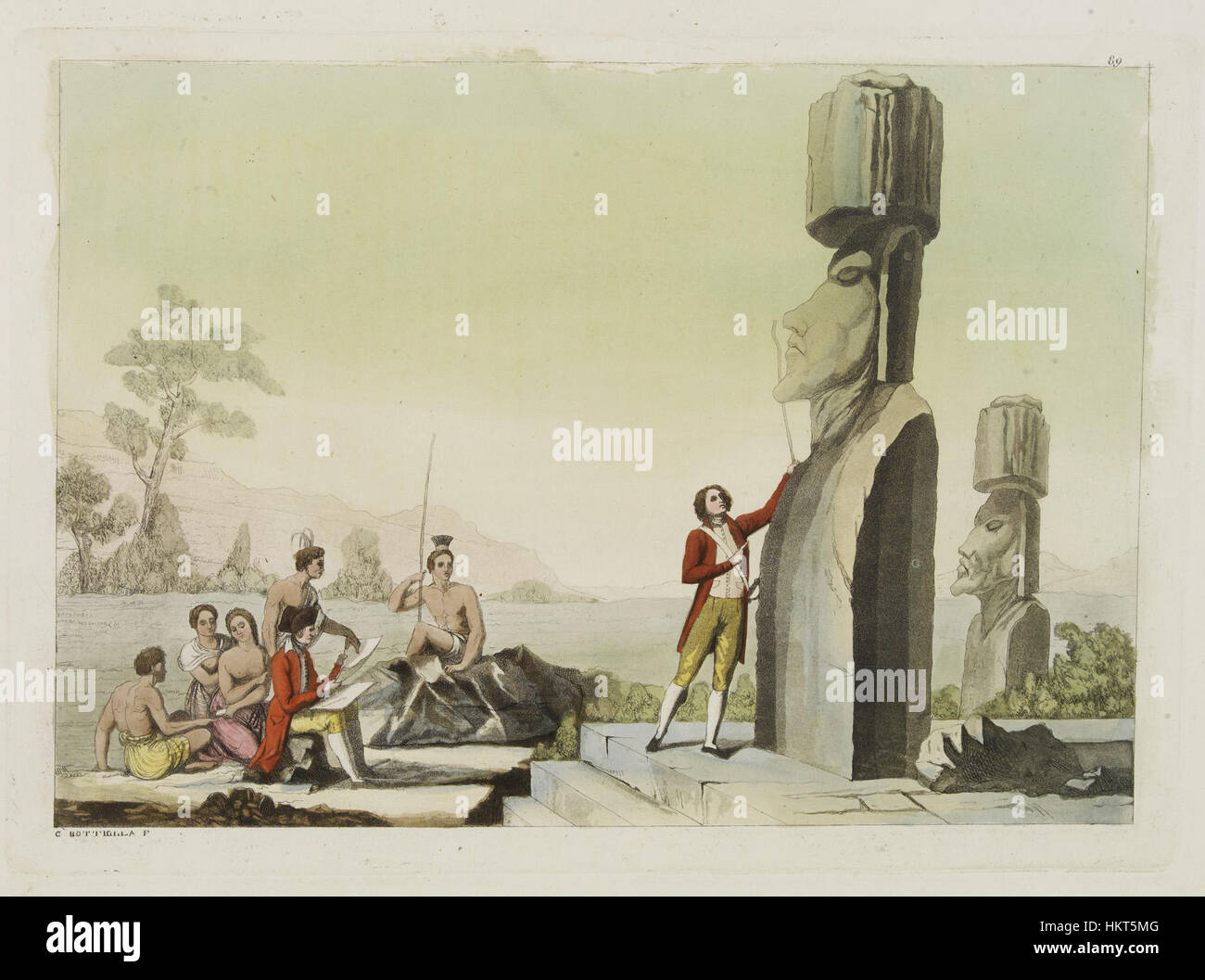 Eine Illustration aus dem Jahr 1827 aus „Le Costume Ancien et Moderne“ von Giulio Ferrario mit einer Darstellung der einzigartigen kulturellen Kleidung und Bräuche der Osterinsel. Stockfoto