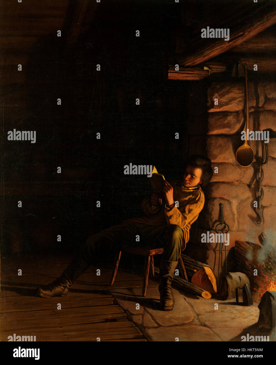 Ein ikonisches Gemälde von Eastman Johnson aus dem Jahr 1868, das Abraham Lincolns Kindheit in einer Blockhütte darstellt. Das Kunstwerk veranschaulicht eine ruhige Abendszene, die das frühe Leben des zukünftigen Präsidenten im ländlichen Amerika zeigt. Stockfoto