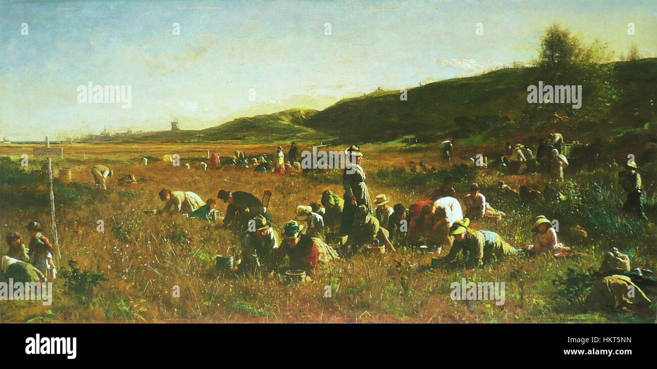 „Cranberry Harvest“ von Eastman Johnson schildert die saisonale Ernte von Cranberries und spiegelt die Fähigkeit des Künstlers wider, das ländliche amerikanische Leben im 19. Jahrhundert einzufangen. Das Stück ist eine Darstellung der landwirtschaftlichen Arbeit in frühen Amerika. Stockfoto