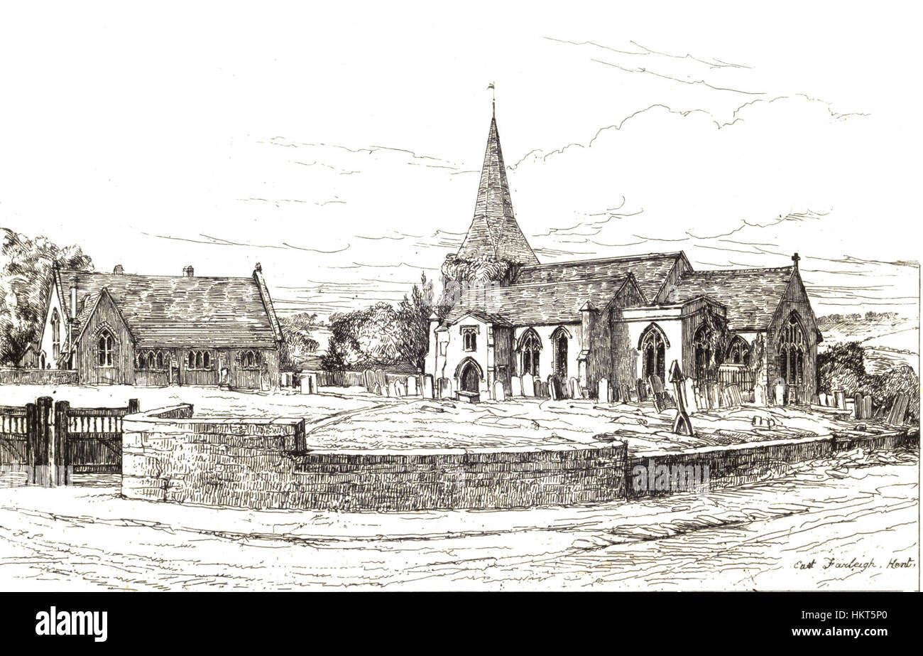Das Gemälde der East Farleigh Church spiegelt die ruhige und friedliche ländliche Umgebung dieser historischen Kirche in Kent, England, wider. Das Kunstwerk betont die Architektur und Umgebung der Kirche und spiegelt das englische Erbe und die Geschichte wider. Stockfoto