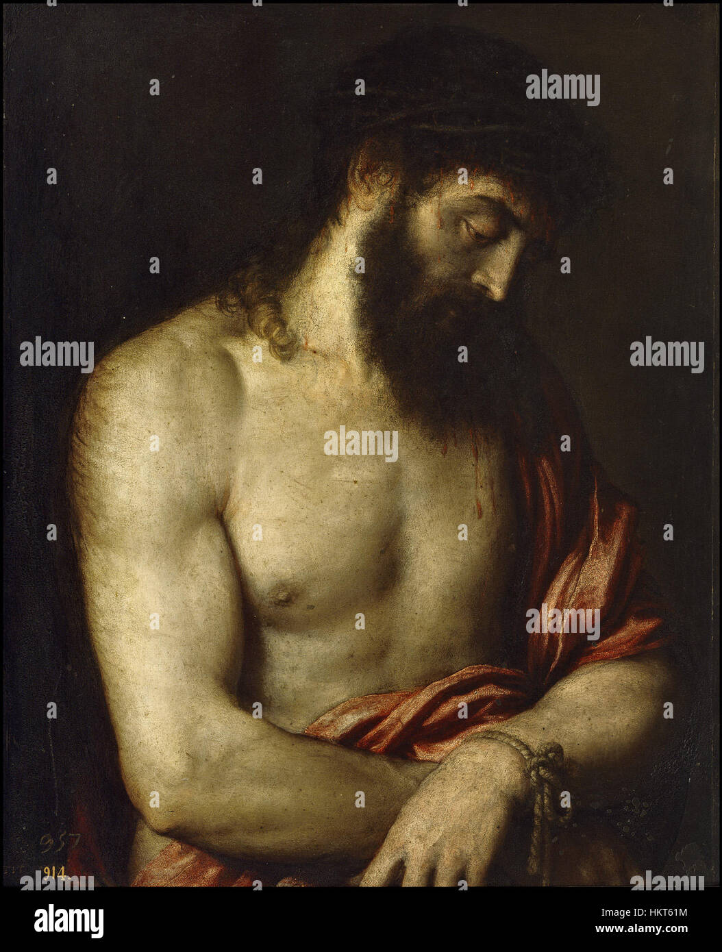 „Ecce Homo“ von Tiziano ist ein berühmtes Kunstwerk, das Christus mit Dornen gekrönt darstellt. Es ist ein bedeutendes Stück religiöser Kunst und spiegelt künstlerische Techniken der Renaissance und die spirituellen und kulturellen Themen der Zeit wider. Stockfoto